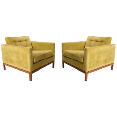 Pair of Velvet Florence Knoll Club / Lounge Chairs with Wood Bases
