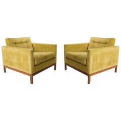 Retro Pair of Velvet Florence Knoll Club / Lounge Chairs with Wood Bases