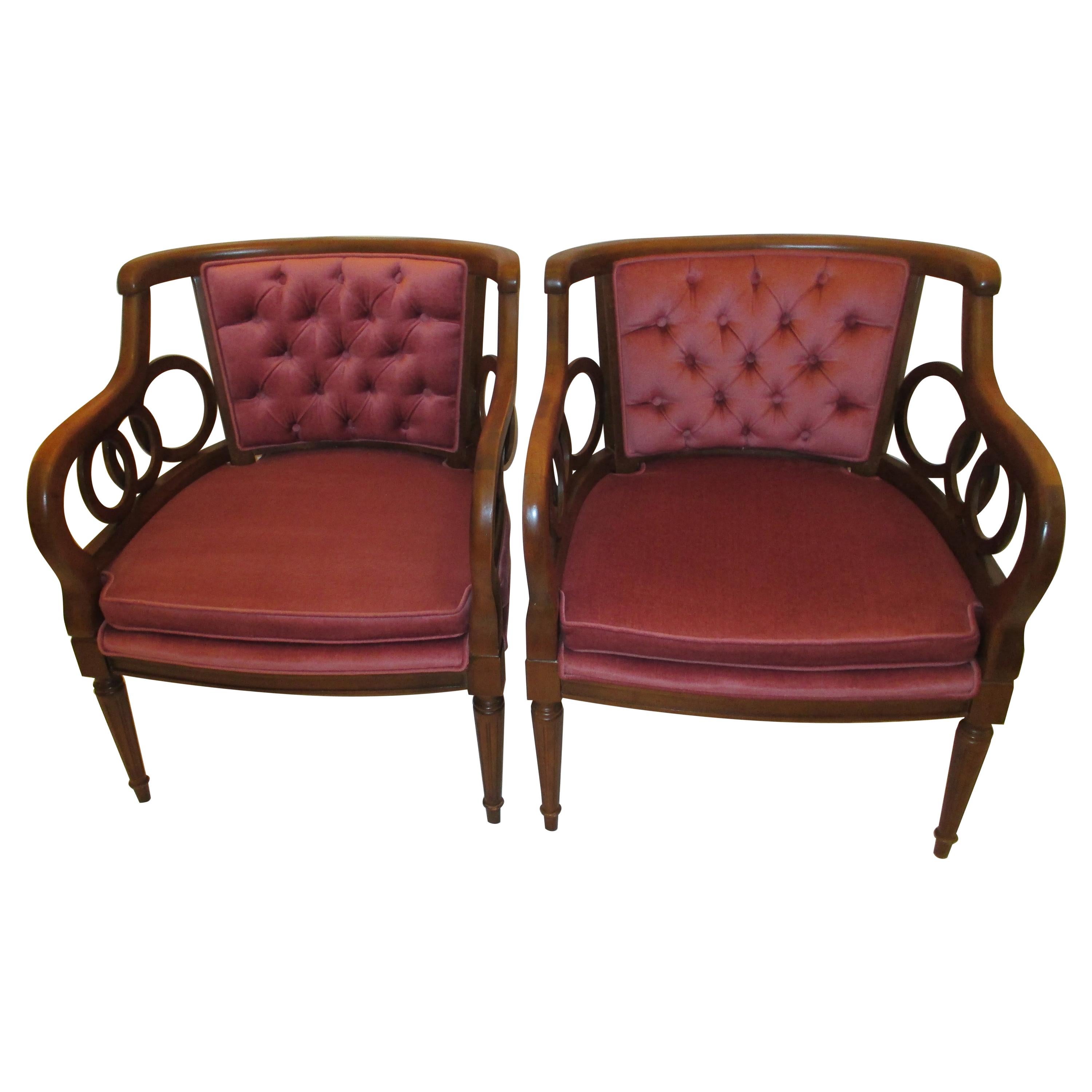 Pair of Velvet Regency Barrel Back Circle Armchairs For Sale