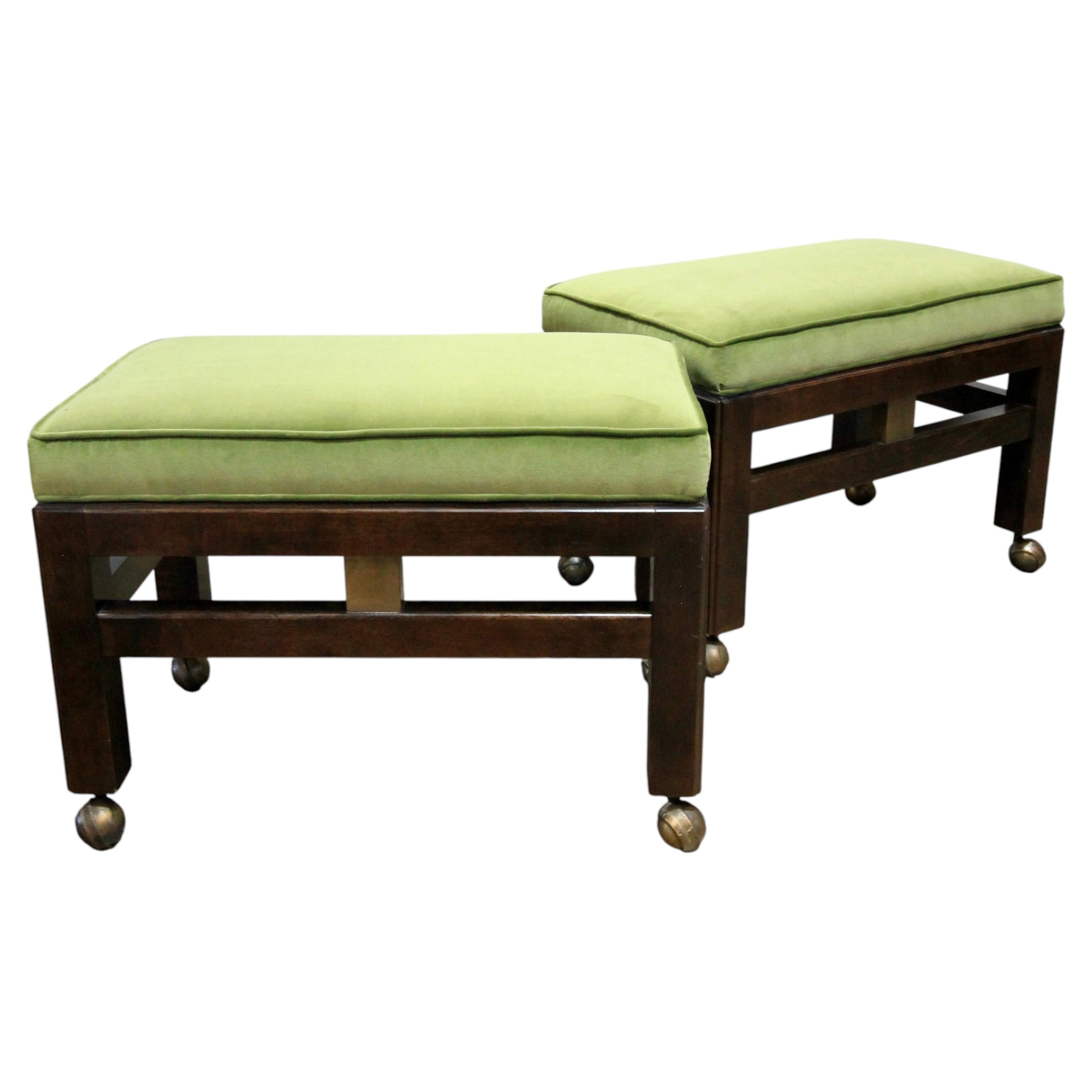 Pair of Velvet Reupholstered Hollywood Regency Rolling Stools/Ottomans