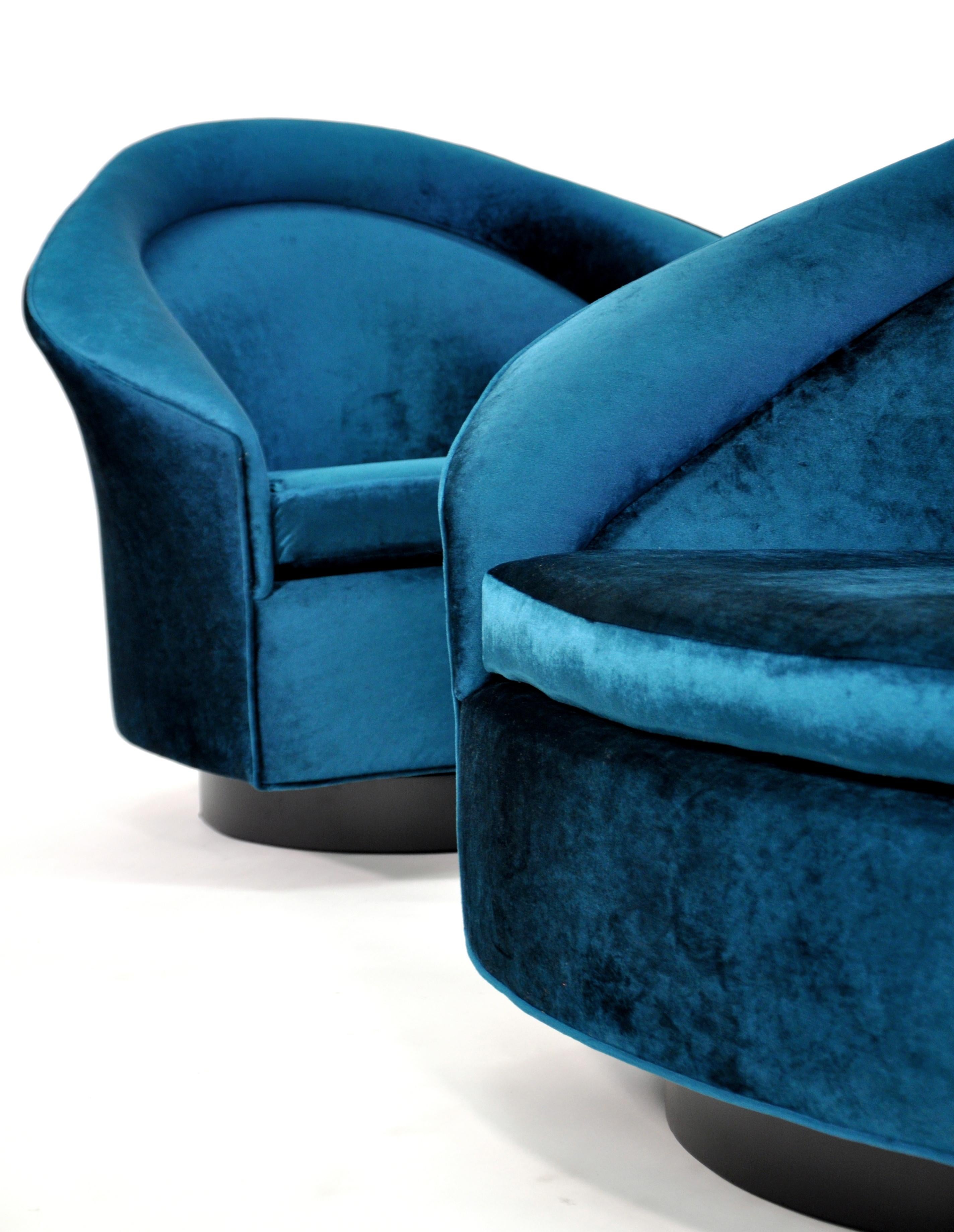 Ebonized Pair of Velvet Rocking Swivel Chairs by Adrian Pearsall