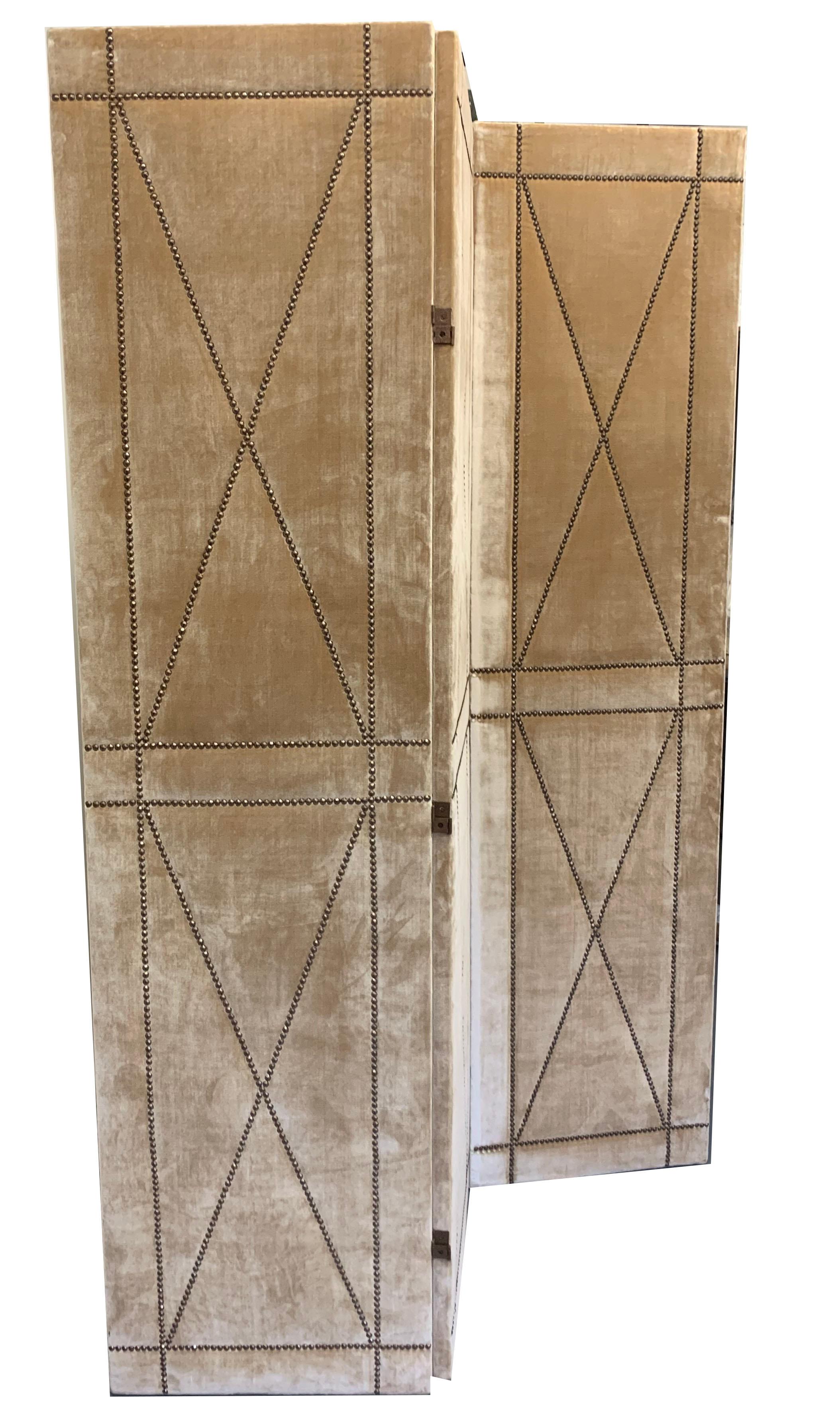 American Pair of Velvet Screens with Nailhead Detail Designed by Juan Montoya