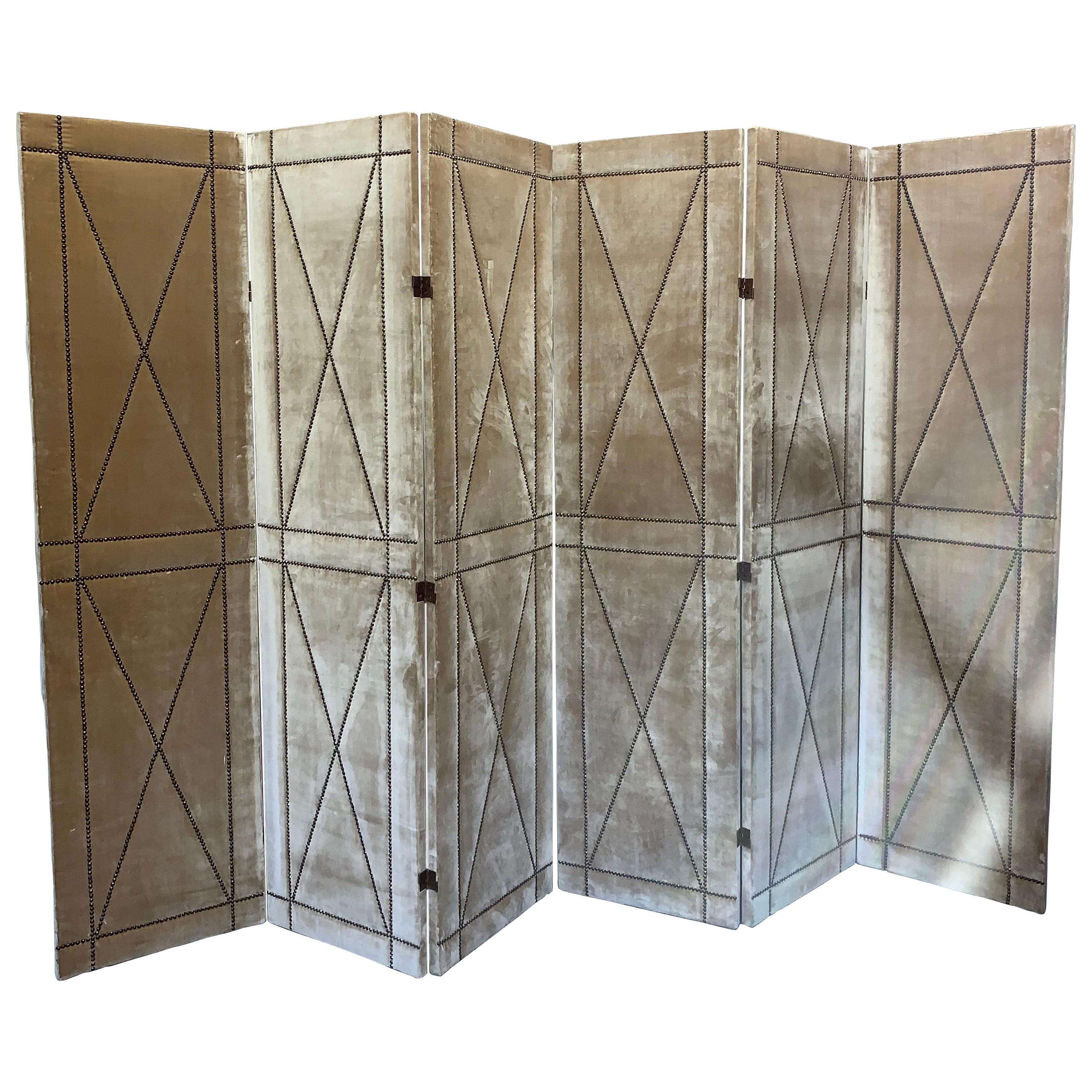 Pair of Velvet Screens with Nailhead Detail Designed by Juan Montoya