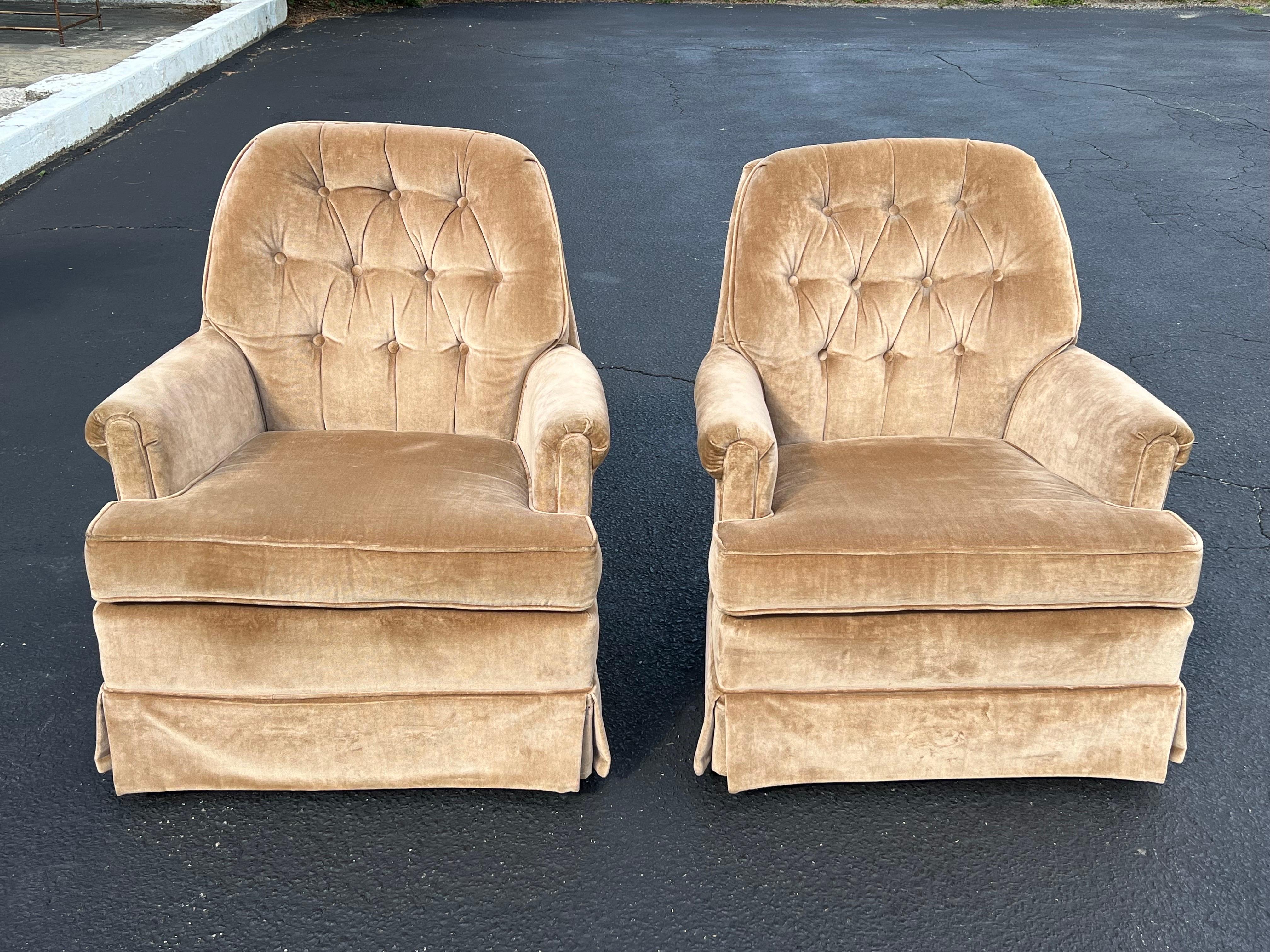 Hollywood Regency Pair of Velvet Swivel Chairs