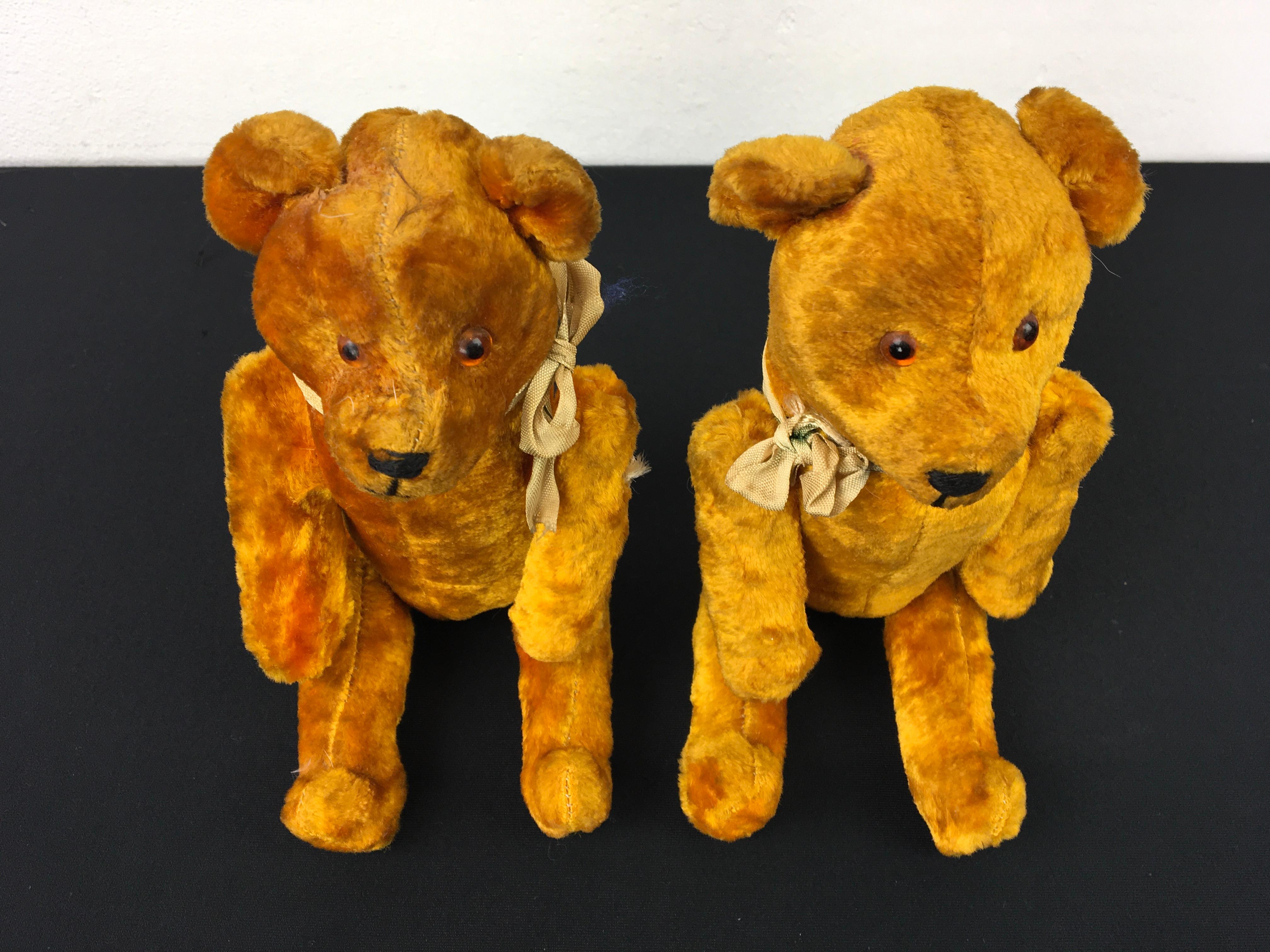 European Pair of Velvet Toy Bears, Straw Stuffed and Glass Eyes For Sale