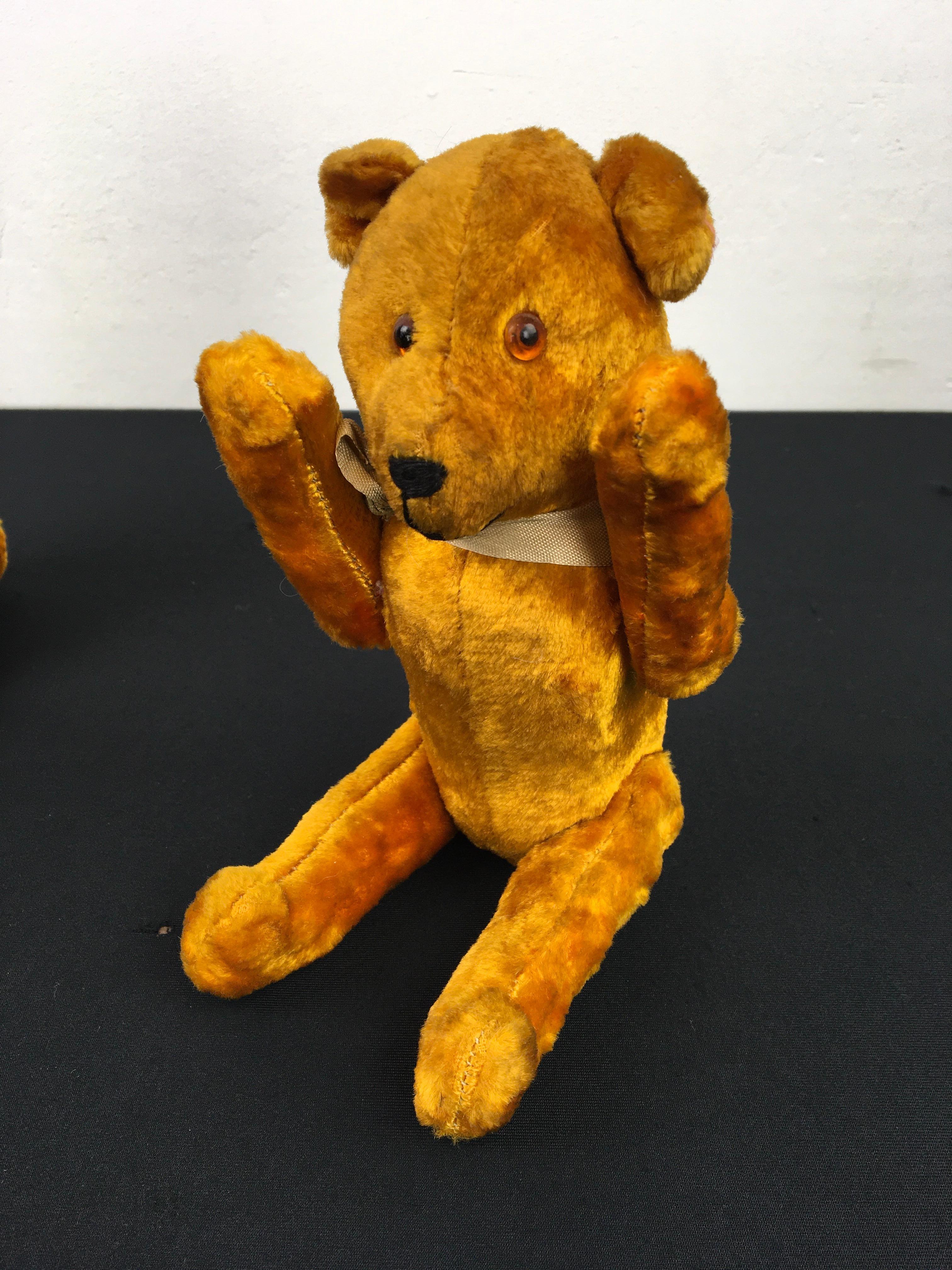 20th Century Pair of Velvet Toy Bears, Straw Stuffed and Glass Eyes For Sale