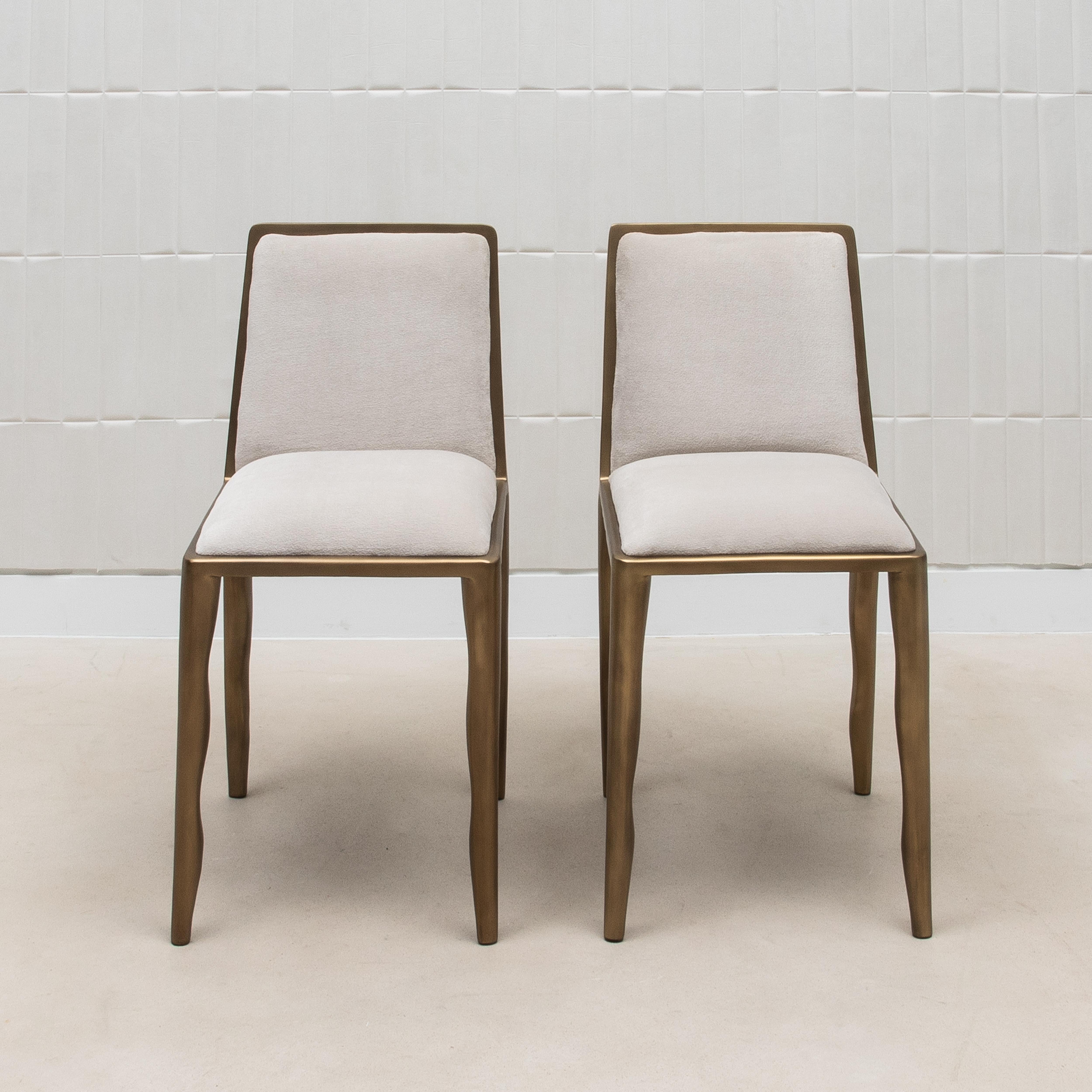 Art Deco Pair of Velvet Upholstered Chairs with Patina Brass Accents by R&Y Augousti For Sale