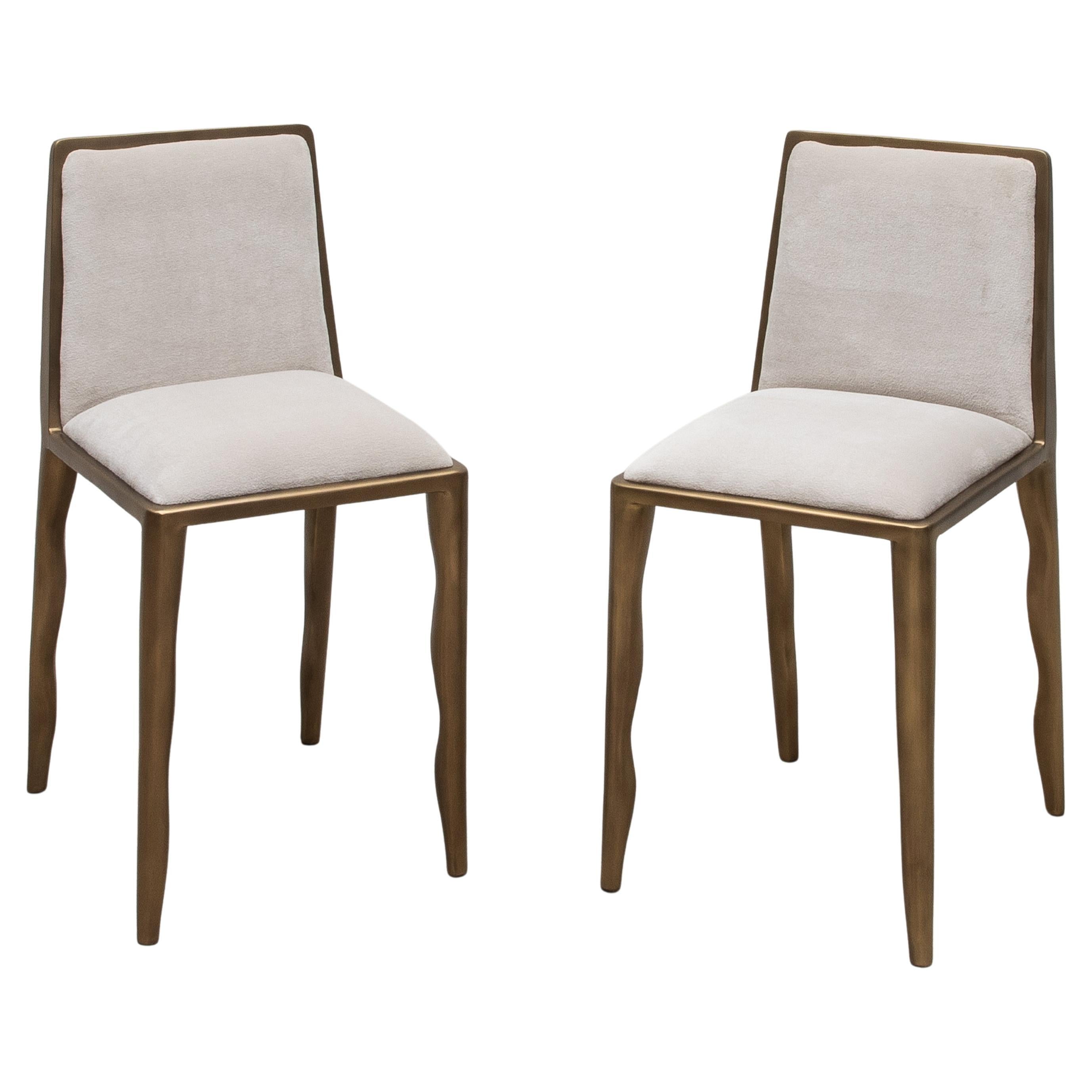 Pair of Velvet Upholstered Chairs with Patina Brass Accents by R&Y Augousti For Sale