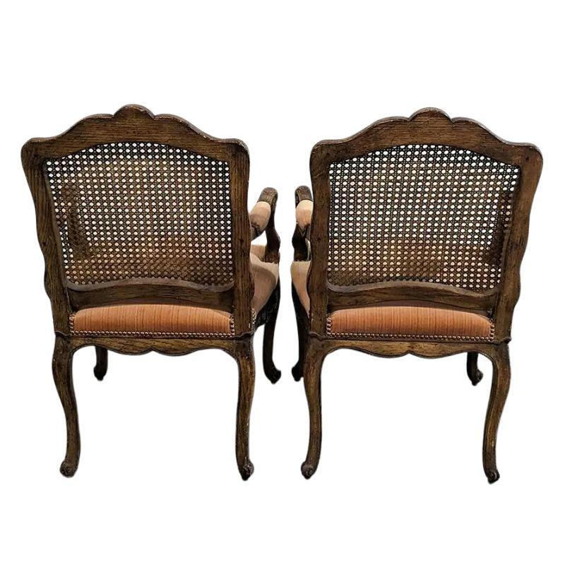 Louis XV Pair of Velvet Upholstered French Cane Back Armchairs