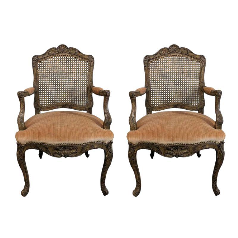 Hand-Carved Pair of Velvet Upholstered French Cane Back Armchairs