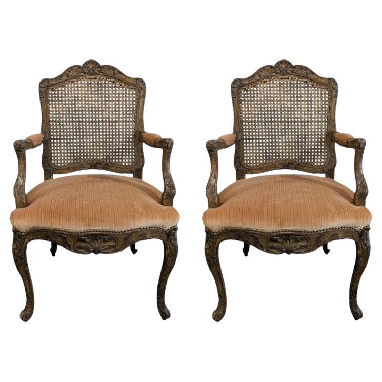 Pair of Velvet Upholstered French Cane Back Armchairs