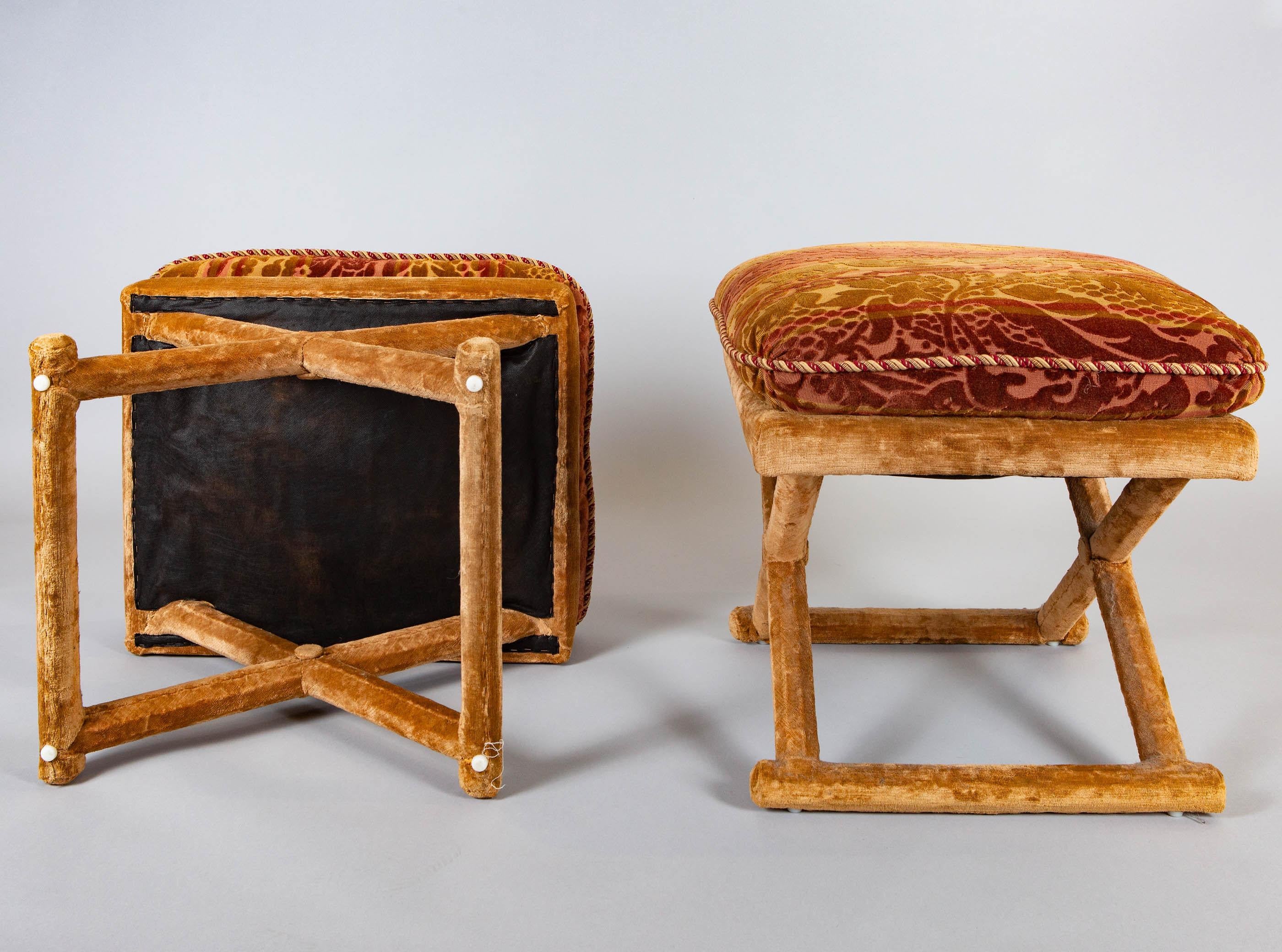Pair of cut velvet and velvet upholstered x-form stools, sold as a pair.  USA, early 20th century, 20 x 21 x 24