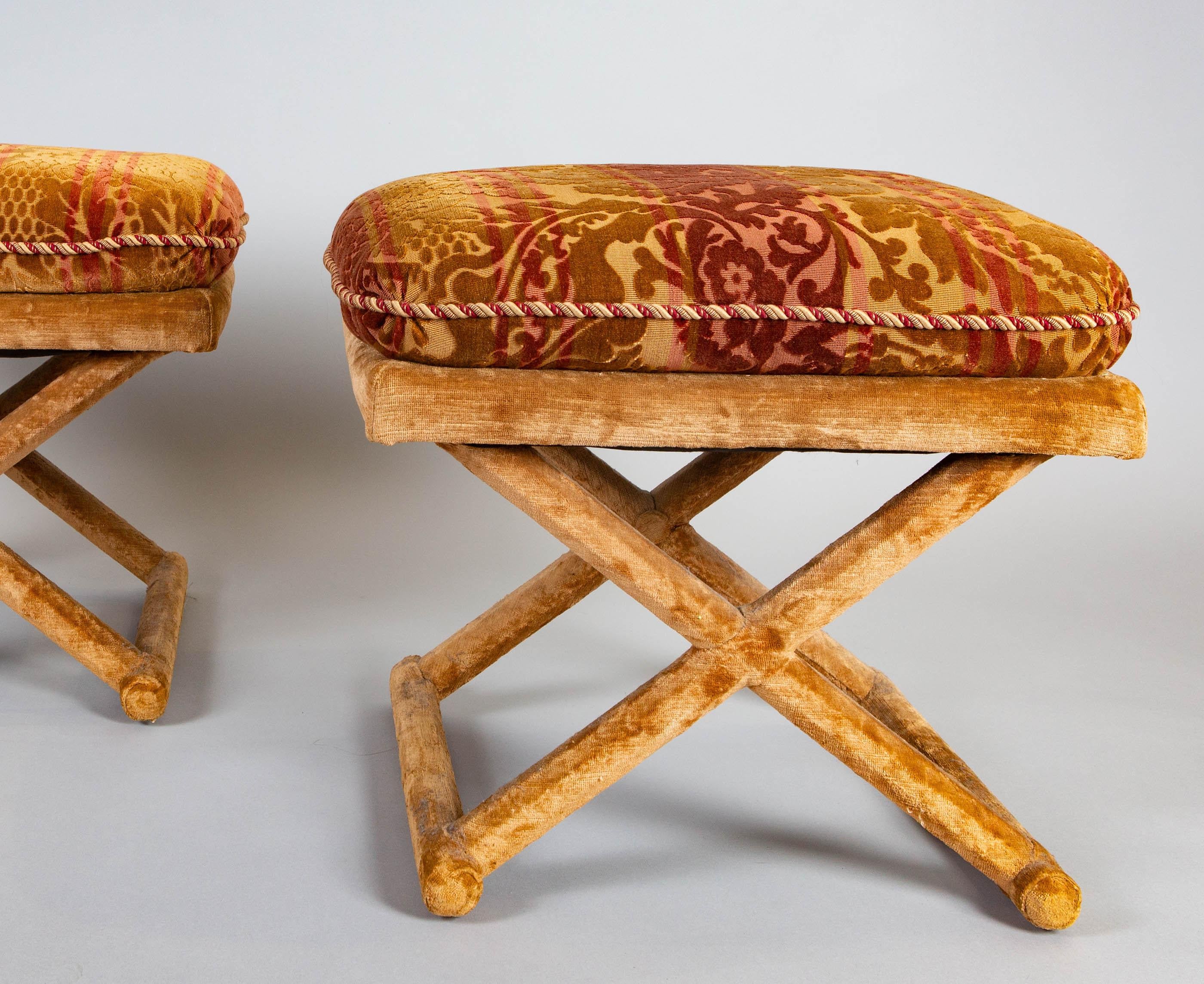 American Pair of Velvet Upholstered Stools For Sale