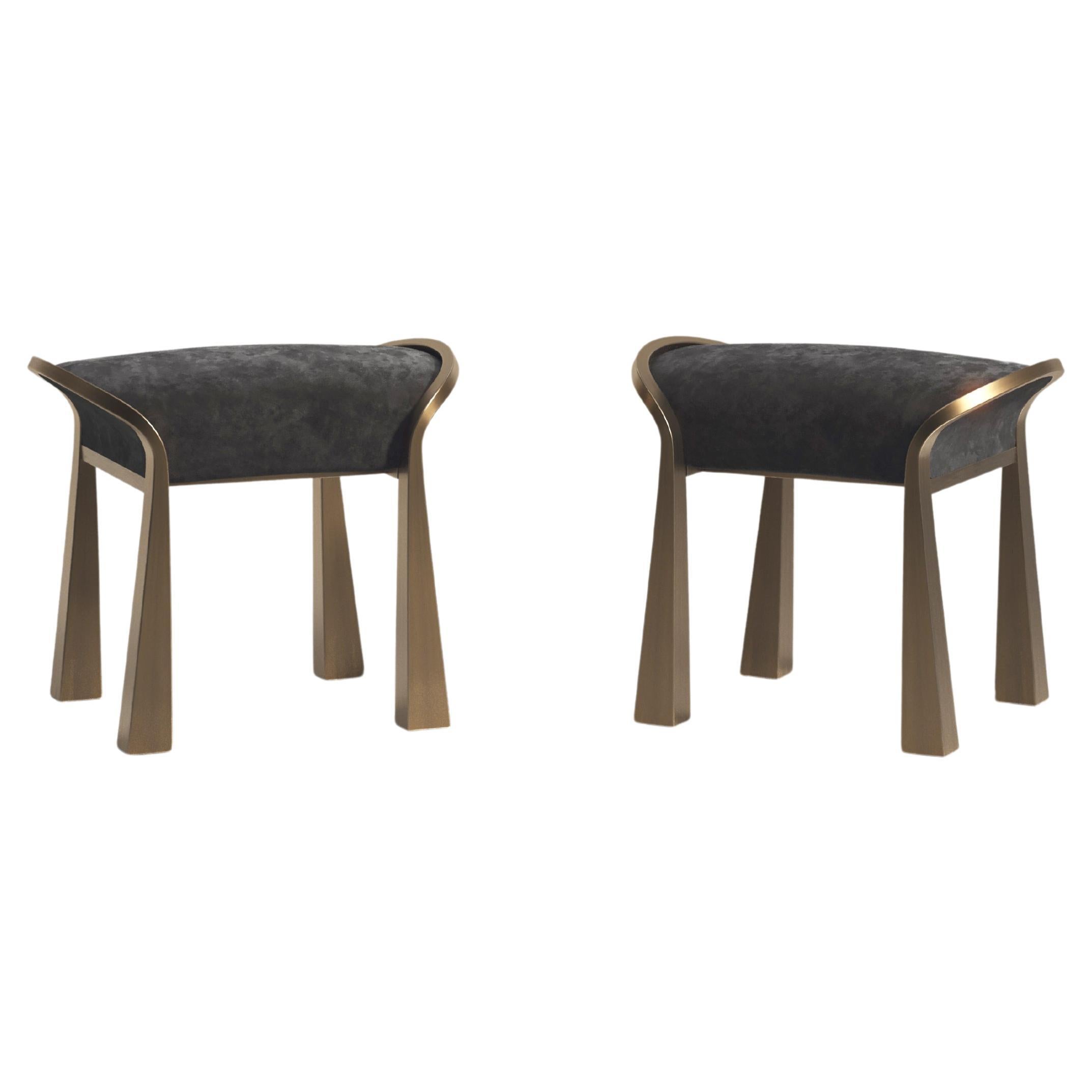 Pair of Velvet Upholstered Stools with Sculptural Brass Legs by R&Y Augousti For Sale
