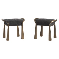 Pair of Velvet Upholstered Stools with Sculptural Brass Legs by R&Y Augousti