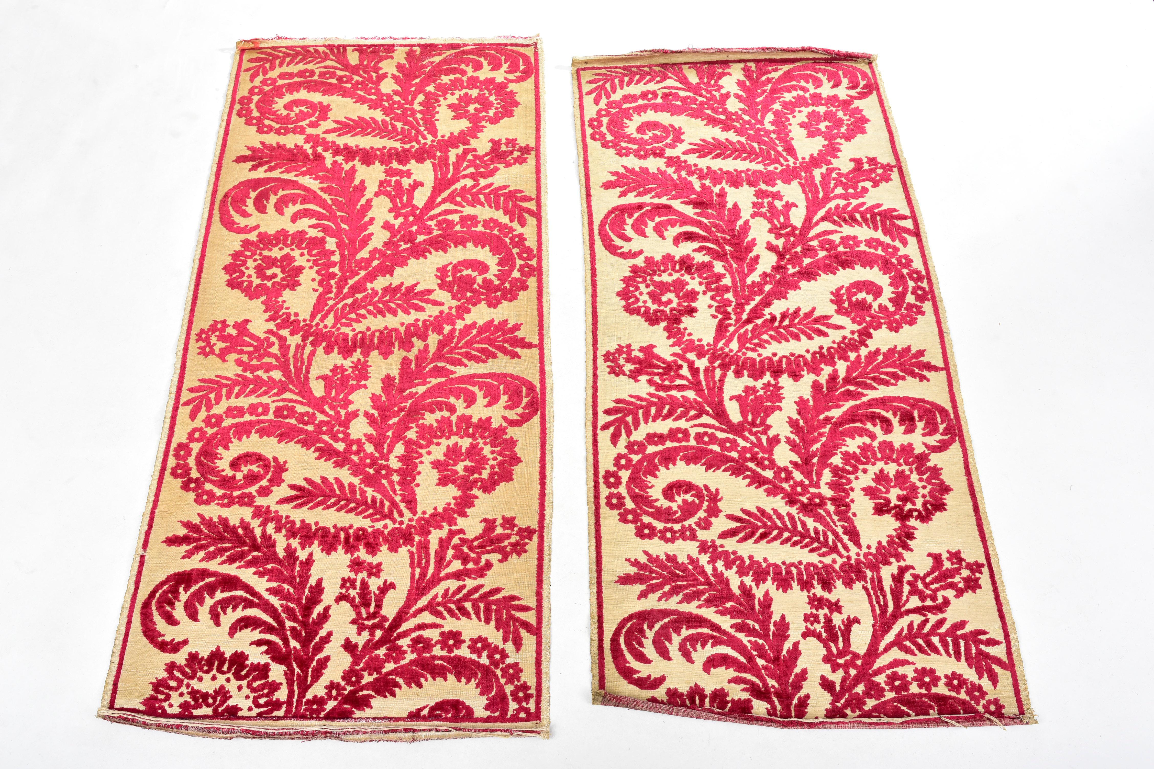 Circa 1900/1920
Ottoman Empire

A pair of Yastik or chest tops in crimson red cut Bush velvet on a grey background, Ottoman Empire, early 20th century. Linen and silk background with large crimson scrolls and arcatures on a cream background. Pair