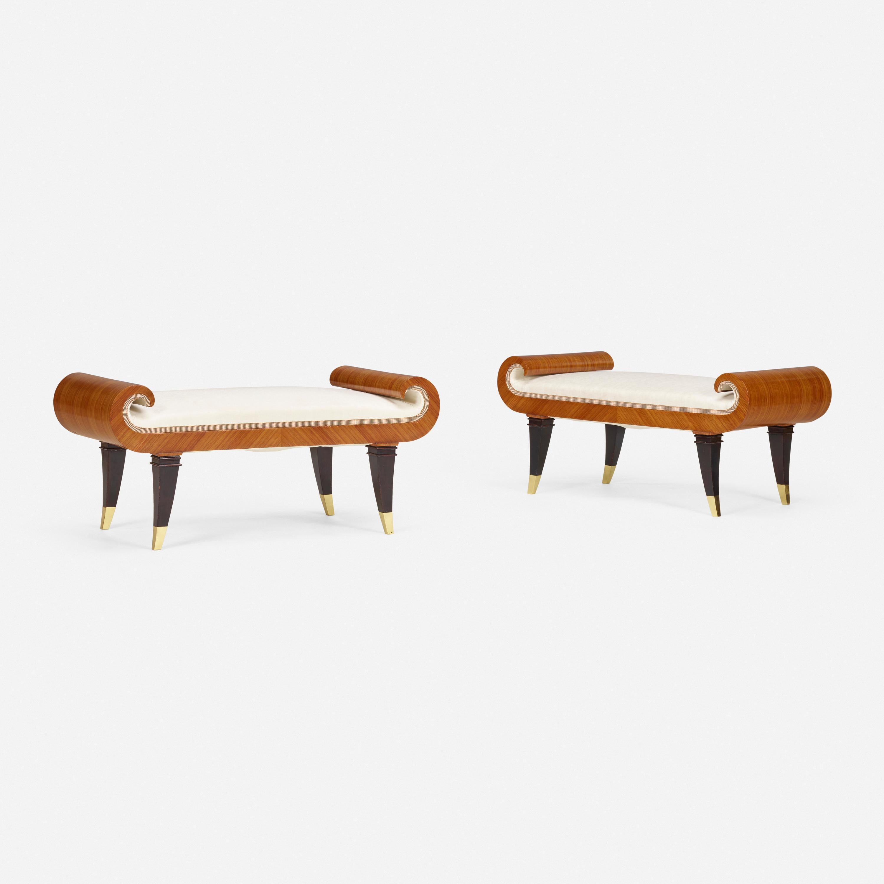 Pair of  veneered and ebonised upholstered stools by Tomaso Buzzi. Of ecxeptionnal proportions and design, these small benches are the perfect example of the Italian modern interpretation of the neoclassical style . Italy: circa 1930 provenance: