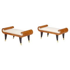 Pair of Veneered  and Ebonised Upholstered Stools by Tomaso Buzzi.
