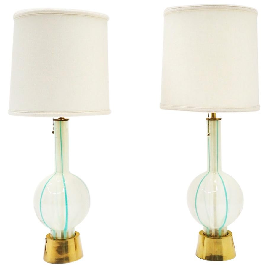 Pair of Venetia Table Lamps by Lightolier, Light Blue and White Striped Glass