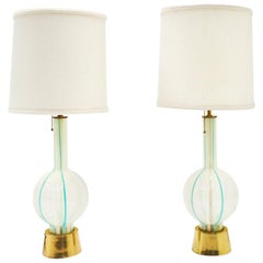 Retro Pair of Venetia Table Lamps by Lightolier, Light Blue and White Striped Glass