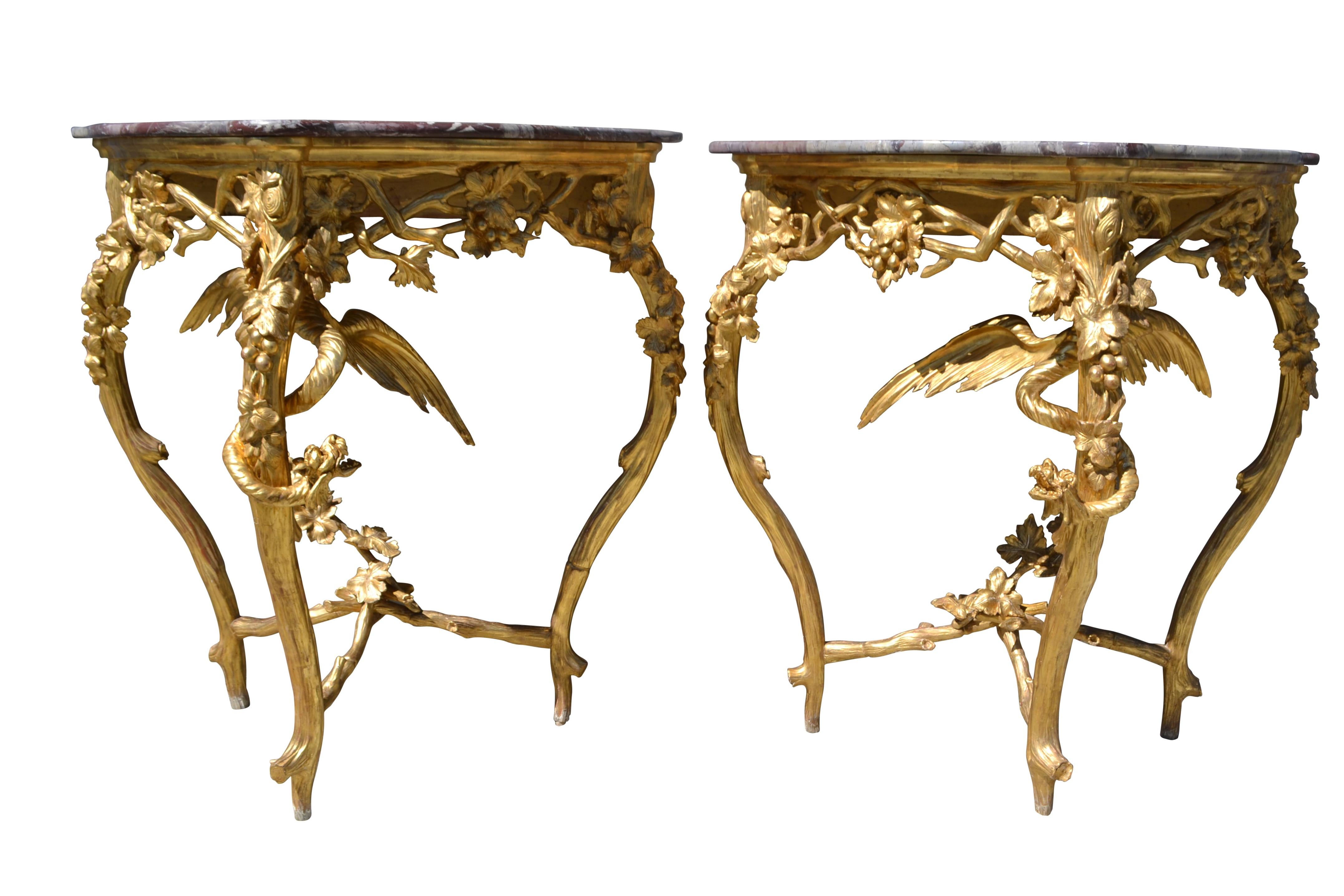 Gilt Pair of Venetian 18th-19th Century Rococo Dragon and Bird Mirrors and Consoles For Sale
