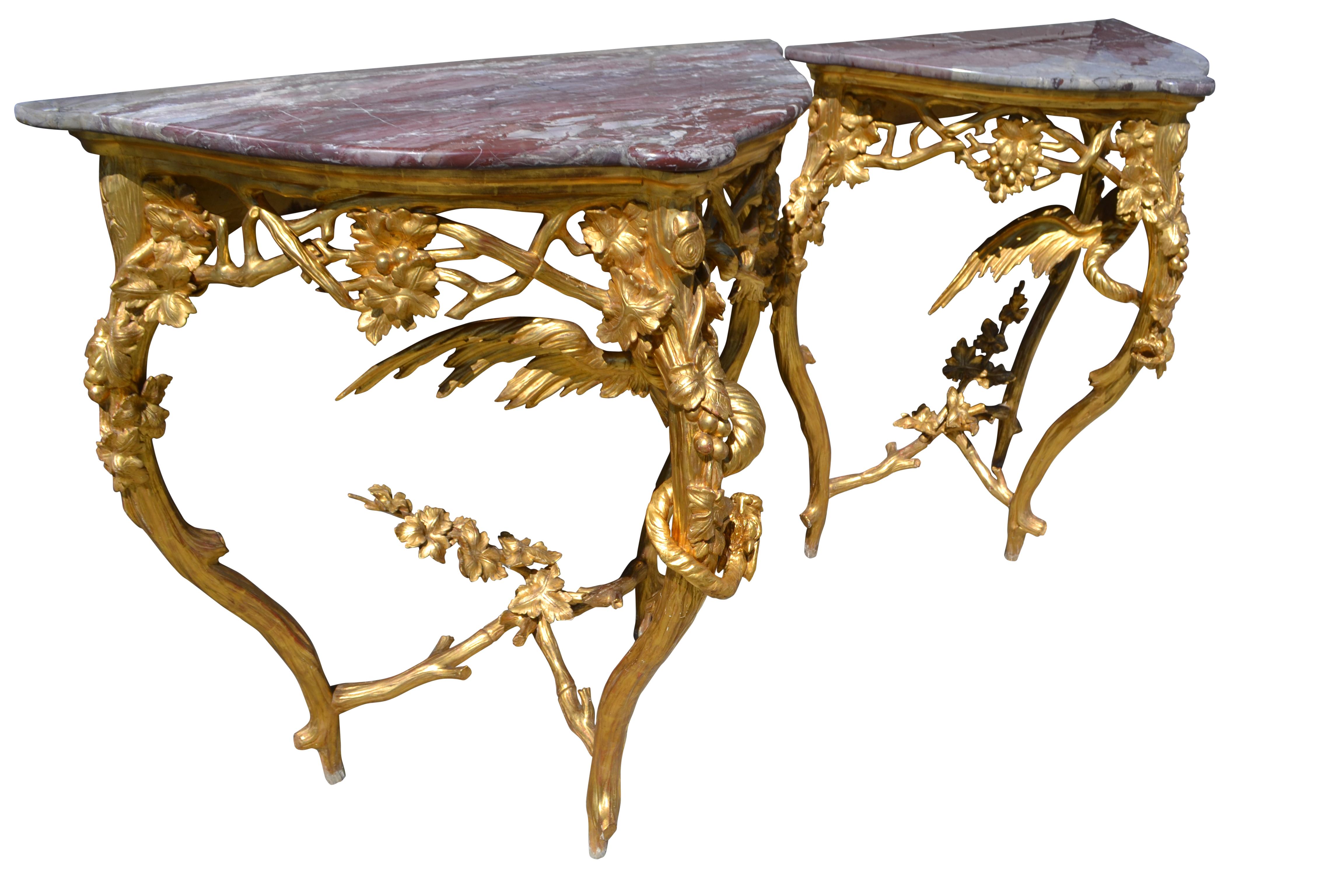 Wood Pair of Venetian 18th-19th Century Rococo Dragon and Bird Mirrors and Consoles For Sale