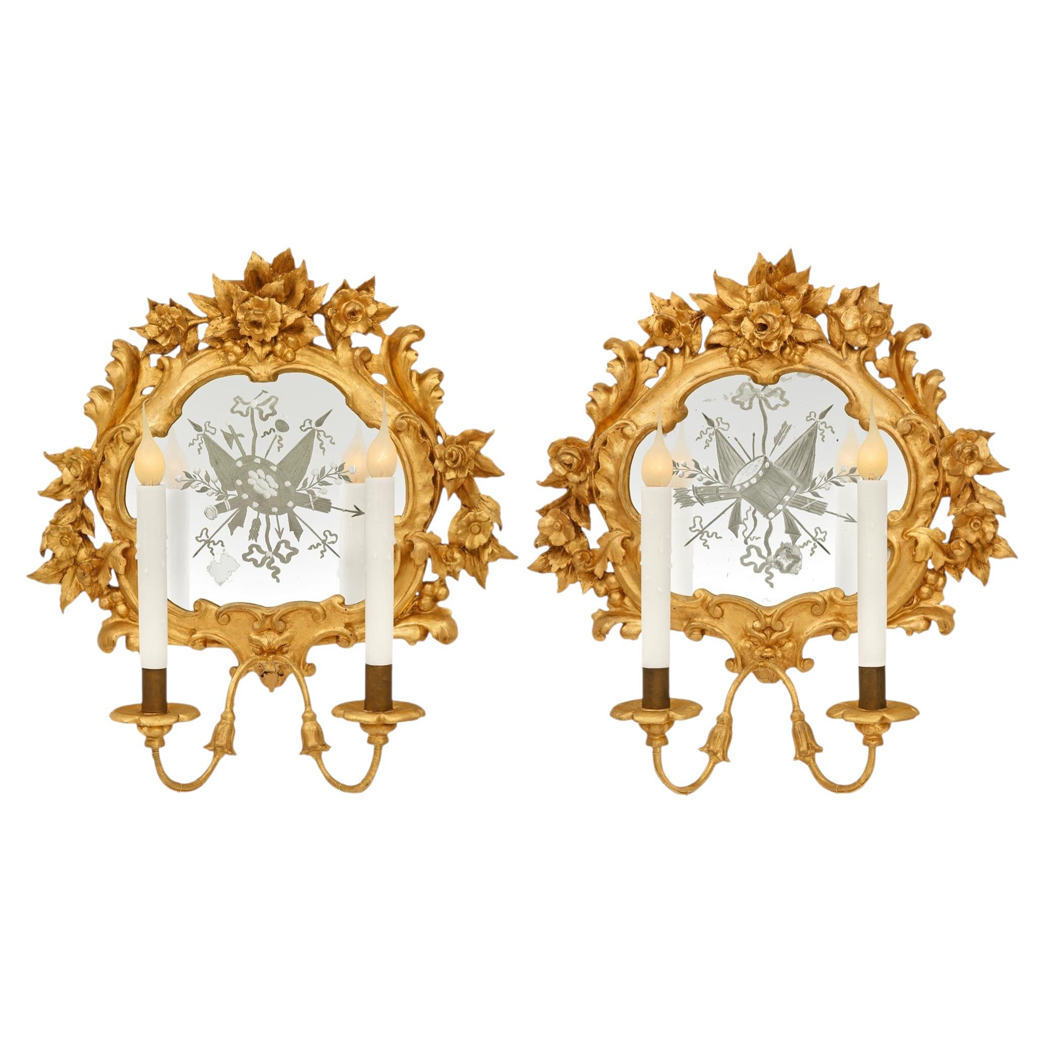 Pair of Venetian 18th century Baroque st. Giltwood, Iron and etched Mirror scon