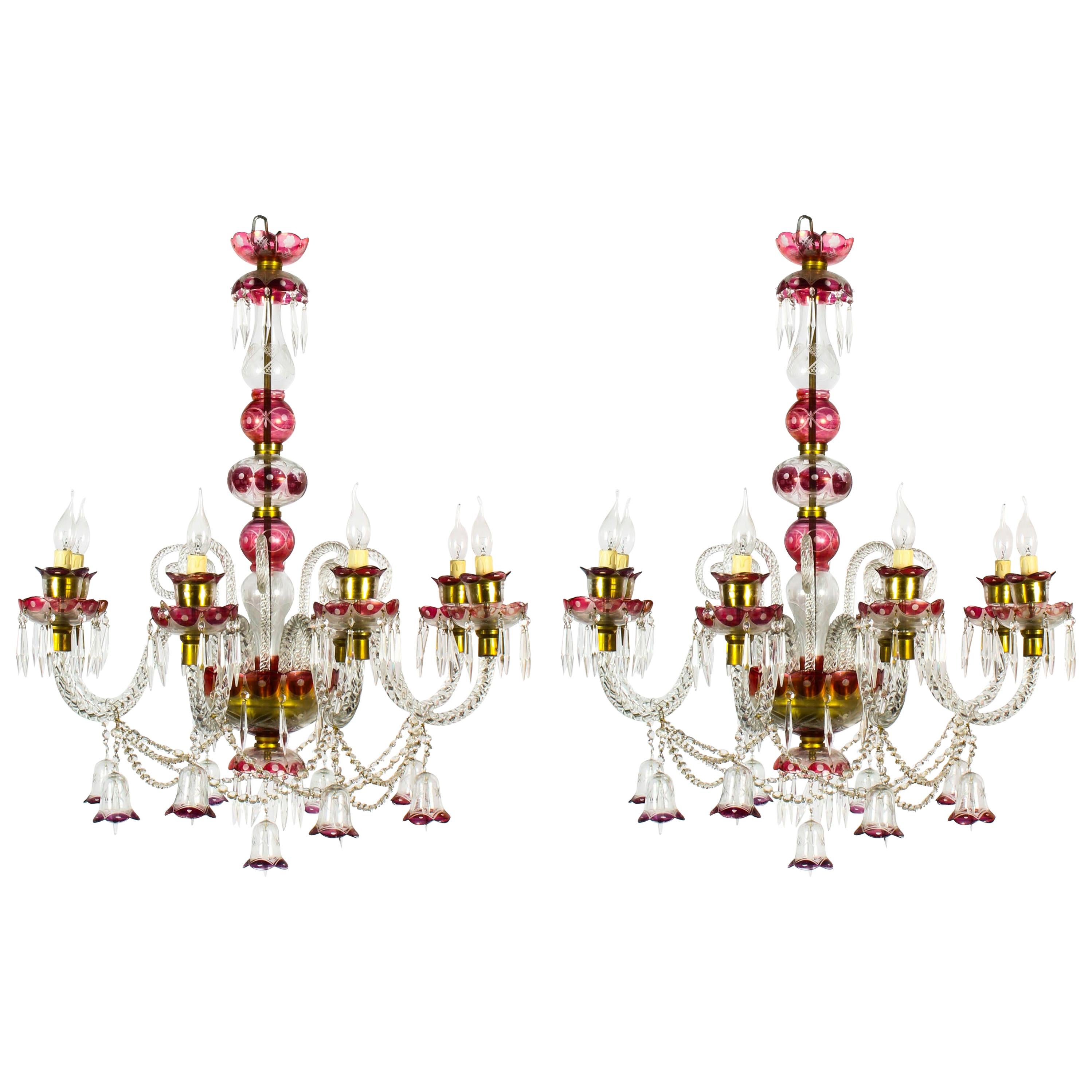 Pair of Venetian 8-Light Crystal Cranberry Chandeliers, Early 20th Century