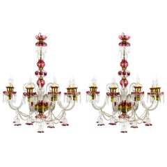 Antique Pair of Venetian 8-Light Crystal Cranberry Chandeliers, Early 20th Century