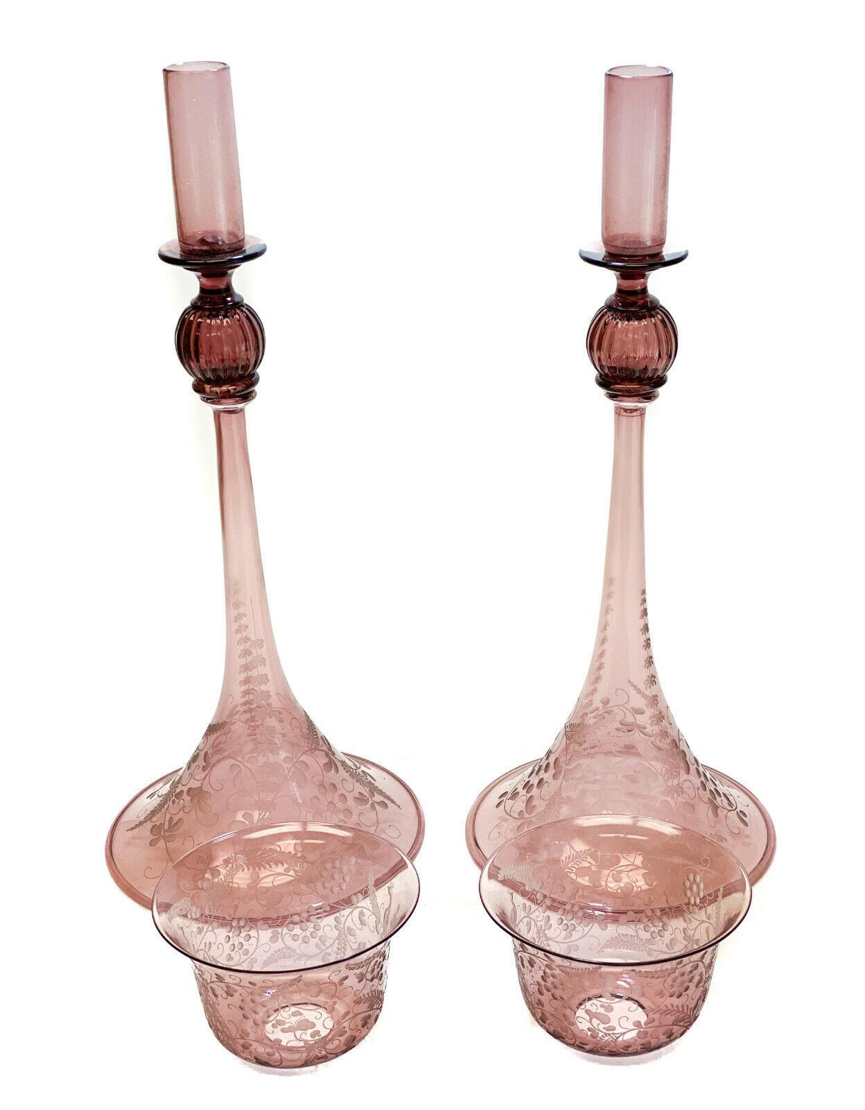 Etched Pair of Venetian Amethyst Glass Engraved Floral Tall Candlesticks, Mid Century For Sale