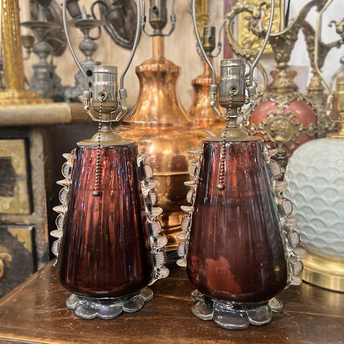 Pair of Venetian Amethyst Mercury Glass Lamps For Sale 1