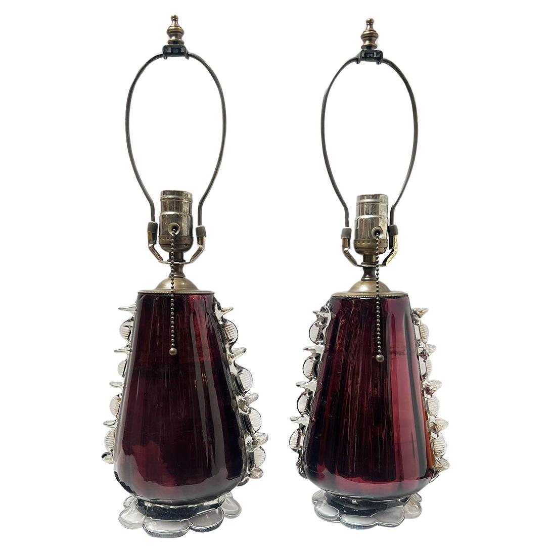 Pair of Venetian Amethyst Mercury Glass Lamps For Sale