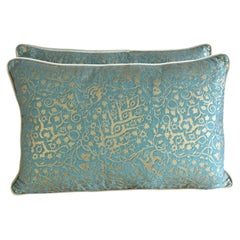 Pair of Venetian Aqua and Gold Fortuny Textile Lumbar Pillows