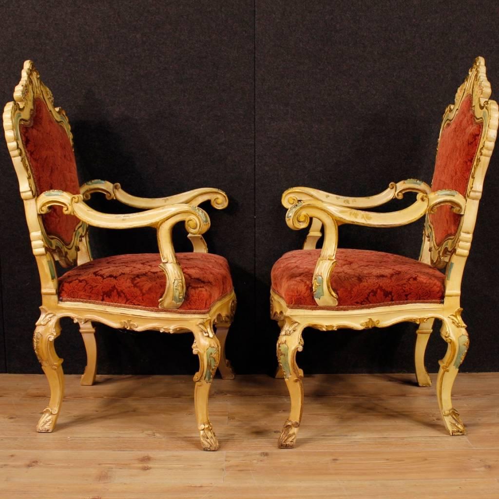 Italian Pair of Venetian Armchairs in Lacquered and Giltwood from 20th Century