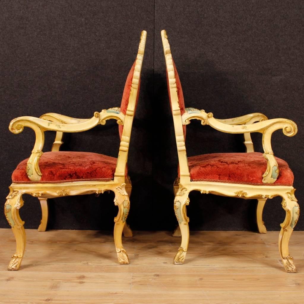 Fabric Pair of Venetian Armchairs in Lacquered and Giltwood from 20th Century
