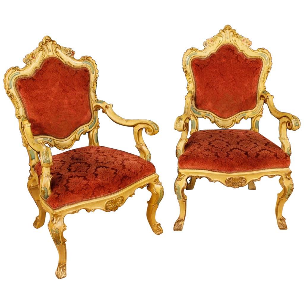 Pair of Venetian Armchairs in Lacquered and Giltwood from 20th Century
