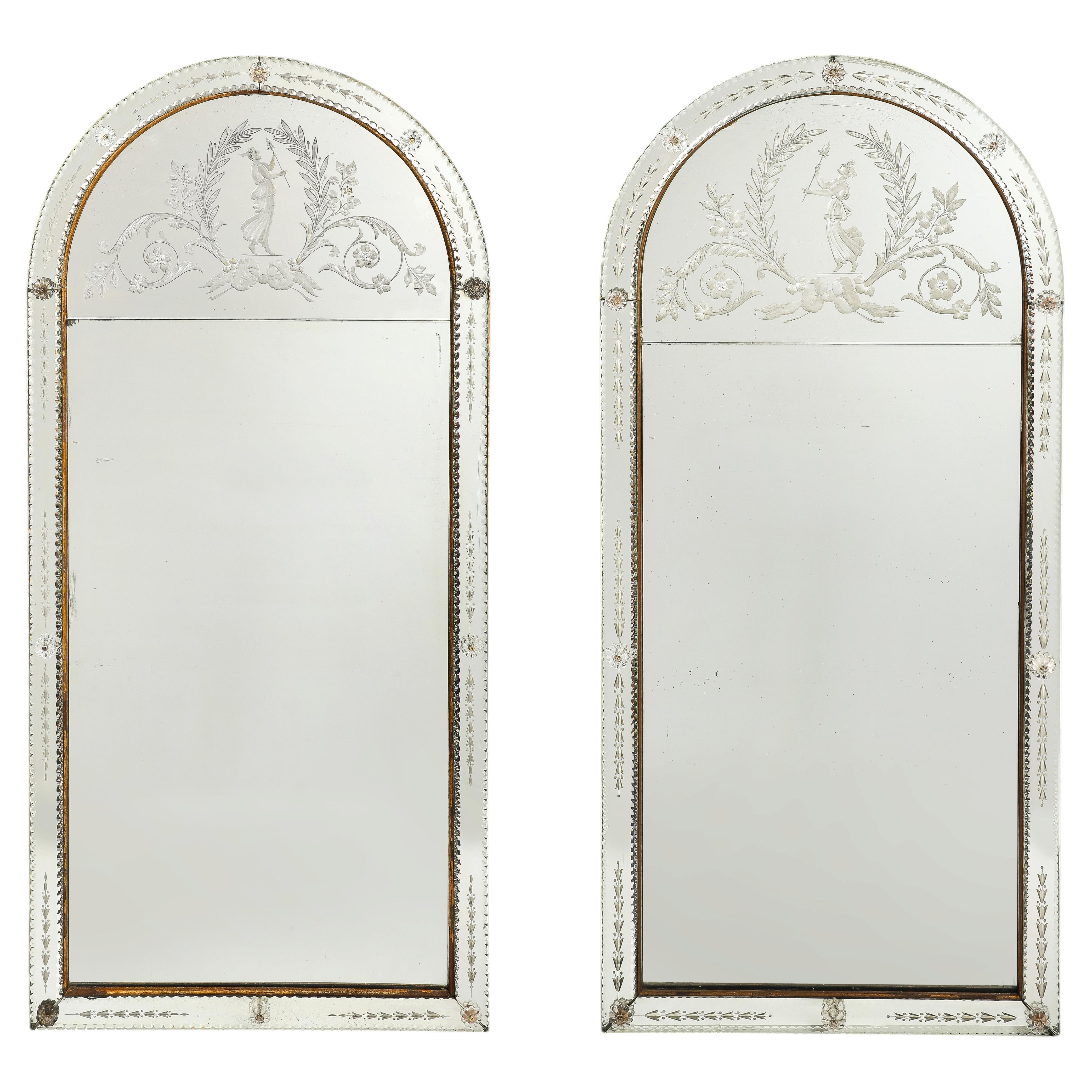 Pair of Venetian Art Deco Hand Etched Wall Mirrors
