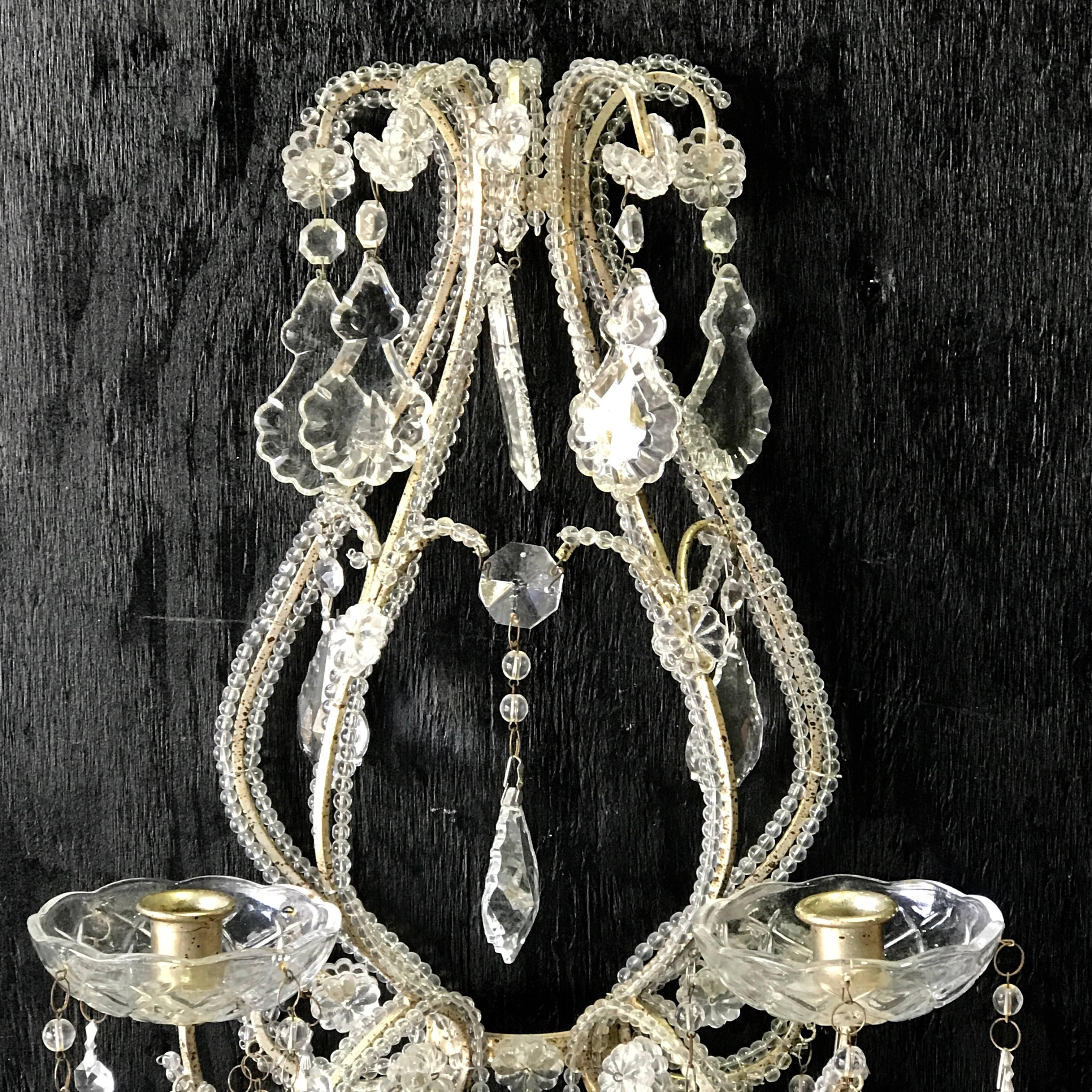 Pair of Venetian beaded crystal candle sconces, each one of stylized pagoda form fitted with two candle lights.