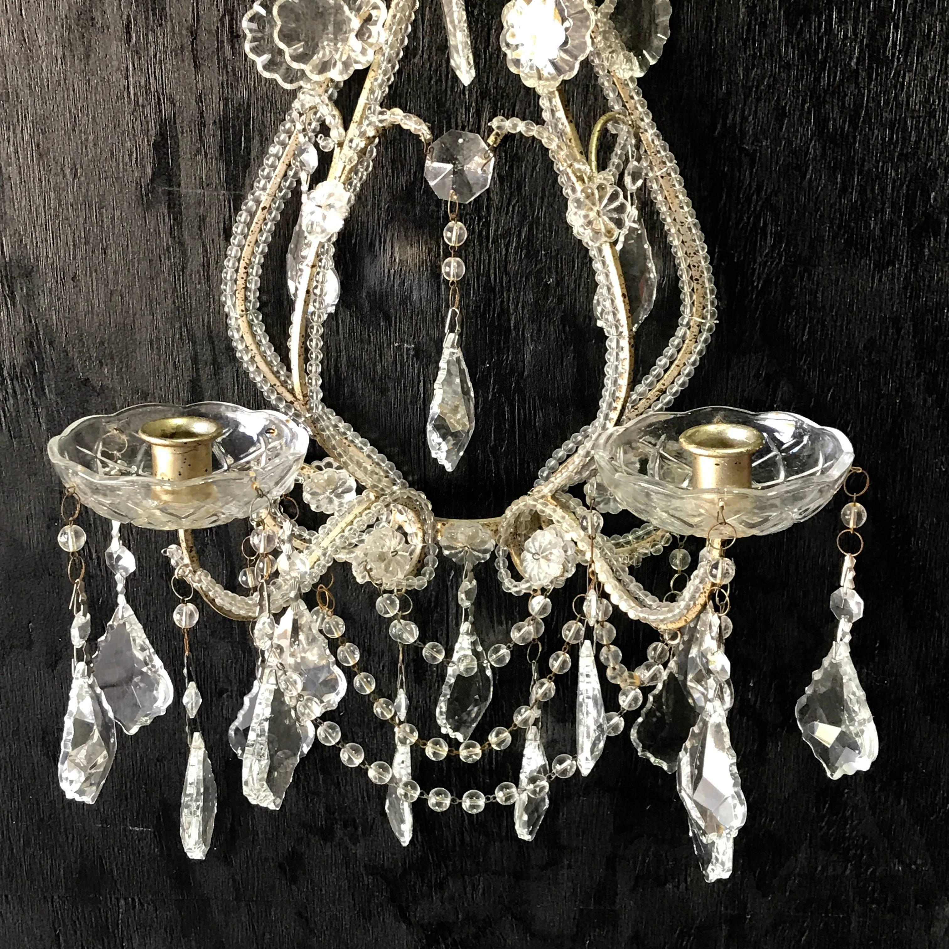 Italian Pair of Venetian Beaded Crystal Candle Sconces