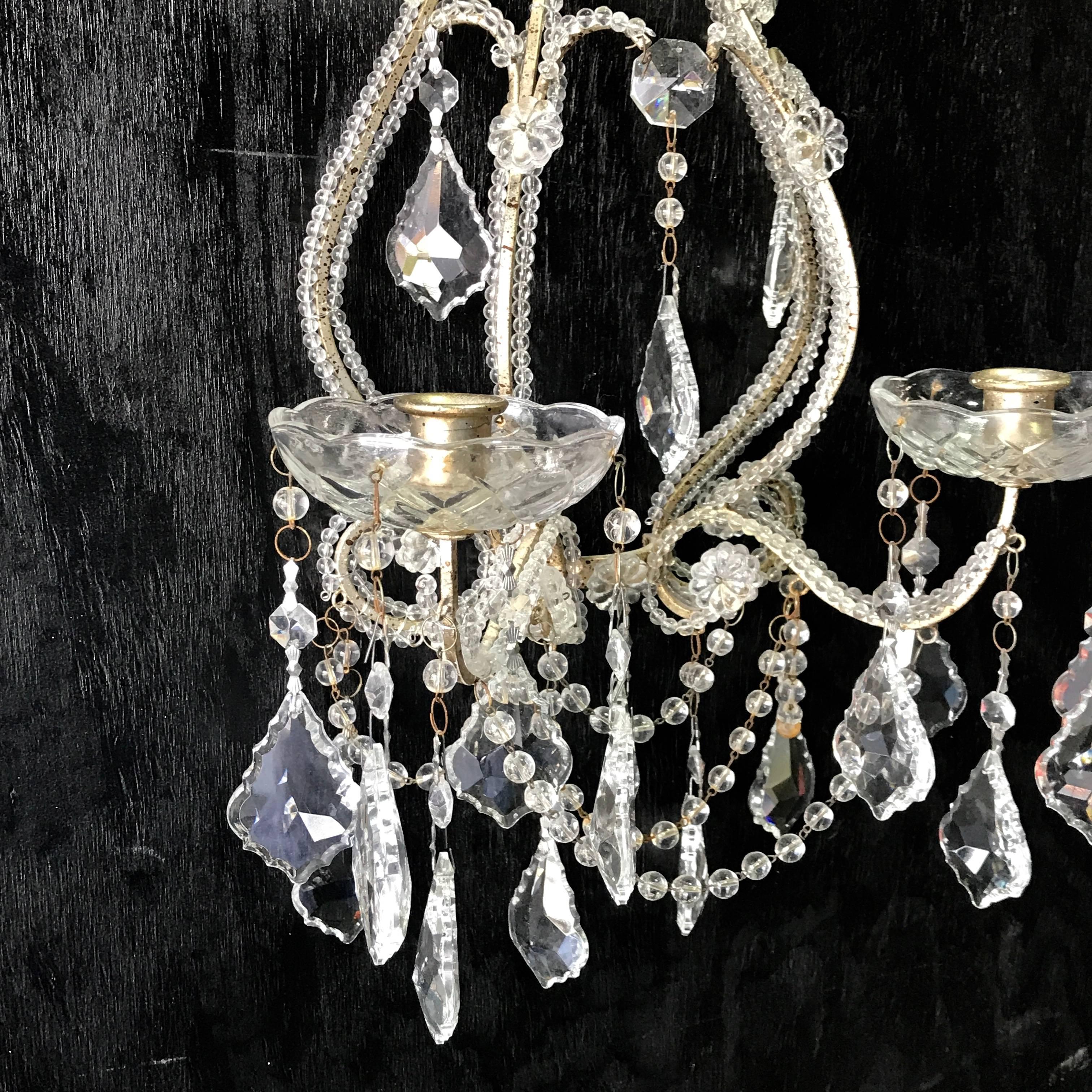 Pair of Venetian Beaded Crystal Candle Sconces In Good Condition In West Palm Beach, FL