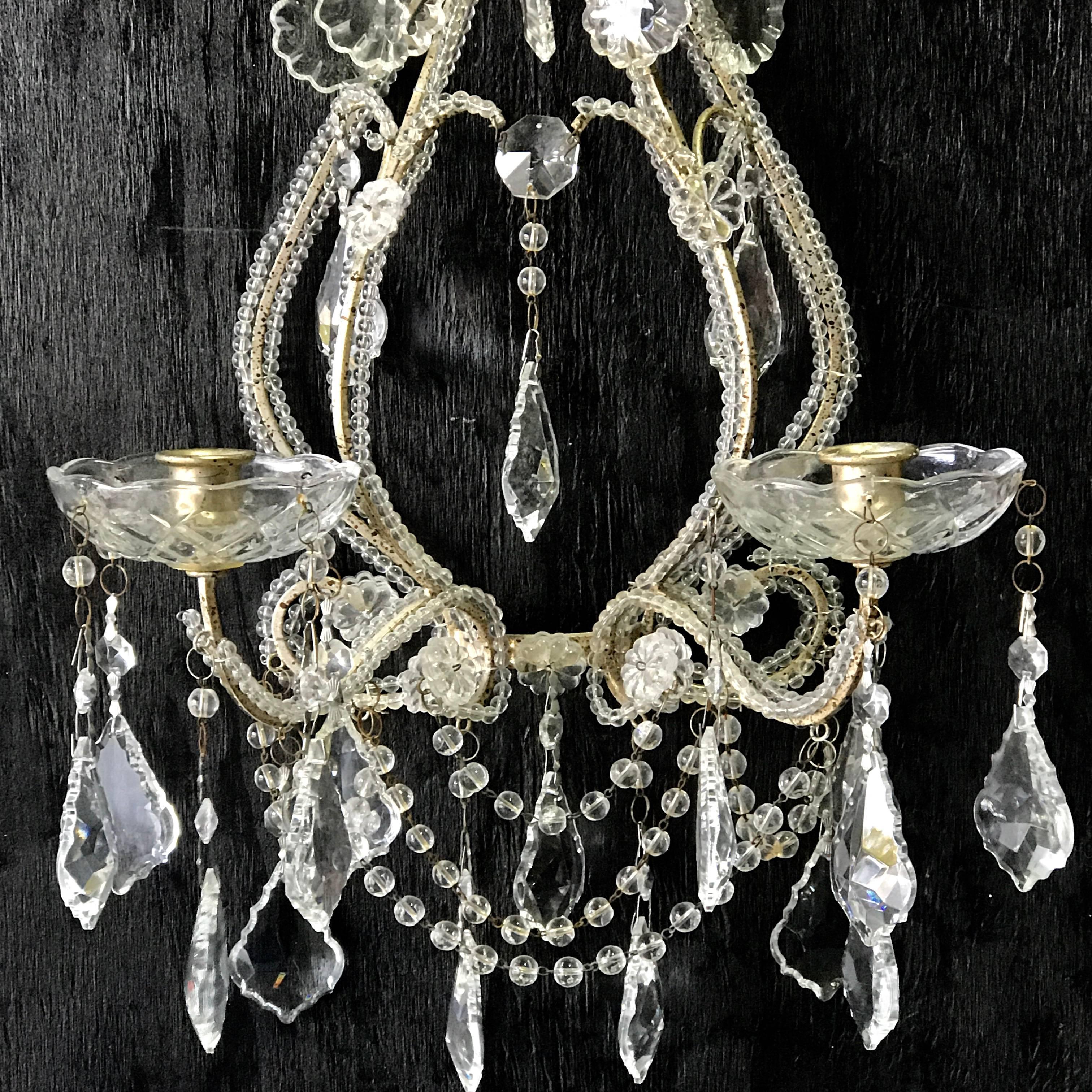 20th Century Pair of Venetian Beaded Crystal Candle Sconces