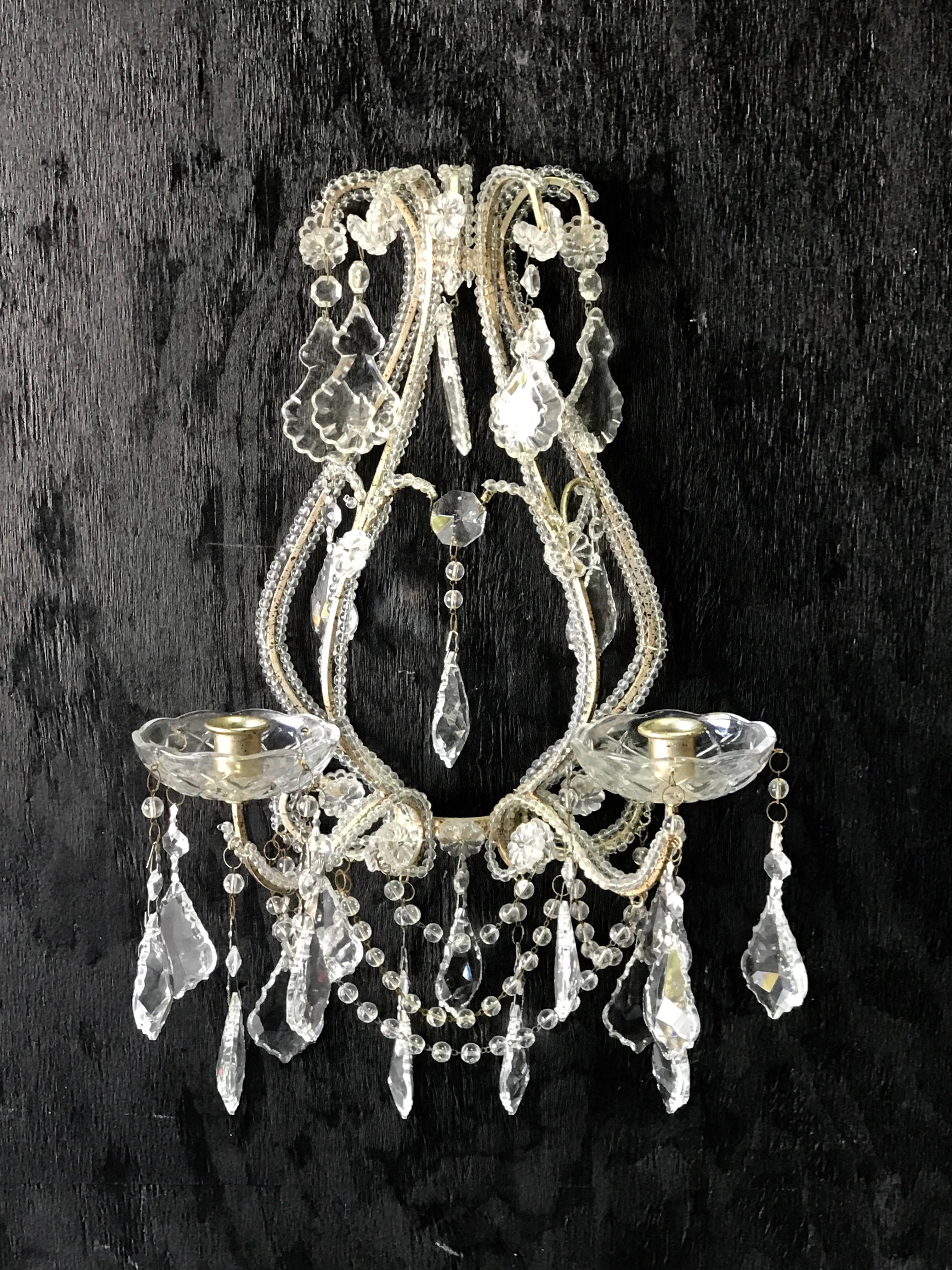 Metal Pair of Venetian Beaded Crystal Candle Sconces