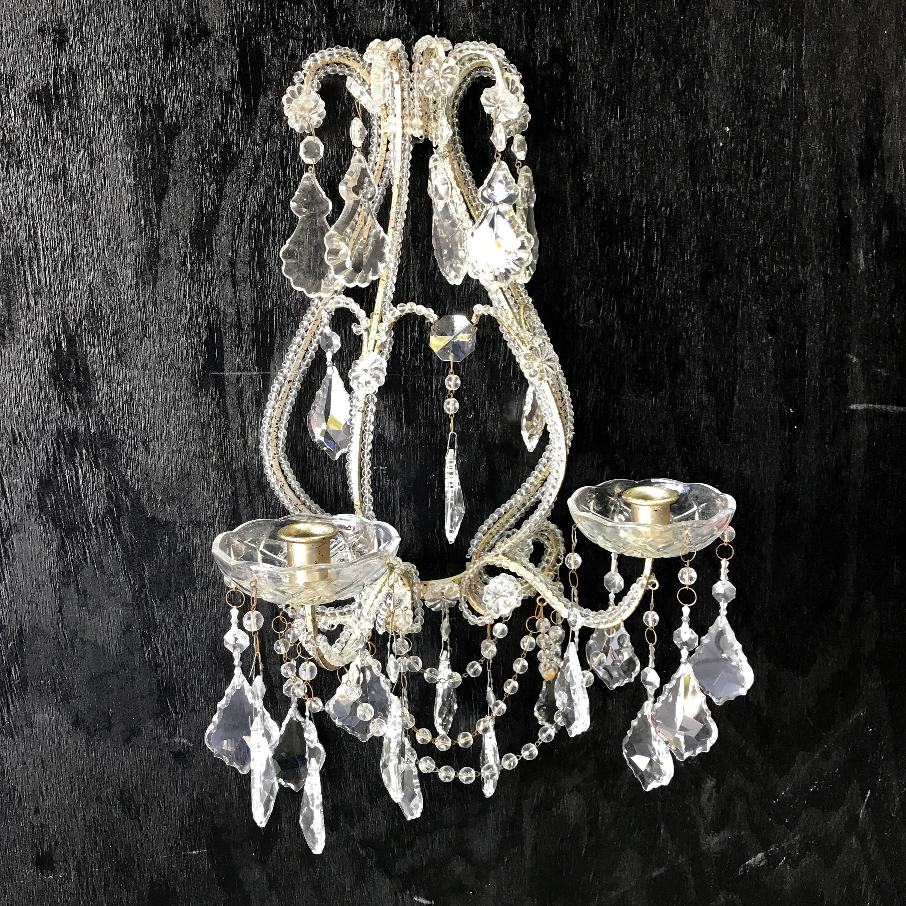 Pair of Venetian Beaded Crystal Candle Sconces 2
