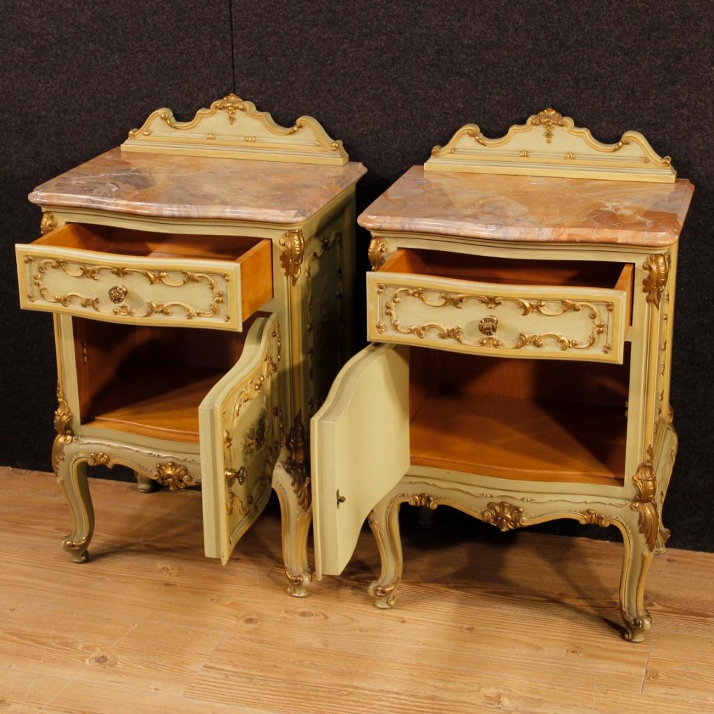 Pair of Venetian Bedside Tables in Lacquered, Gilt, Painted Wood 20th Century 6