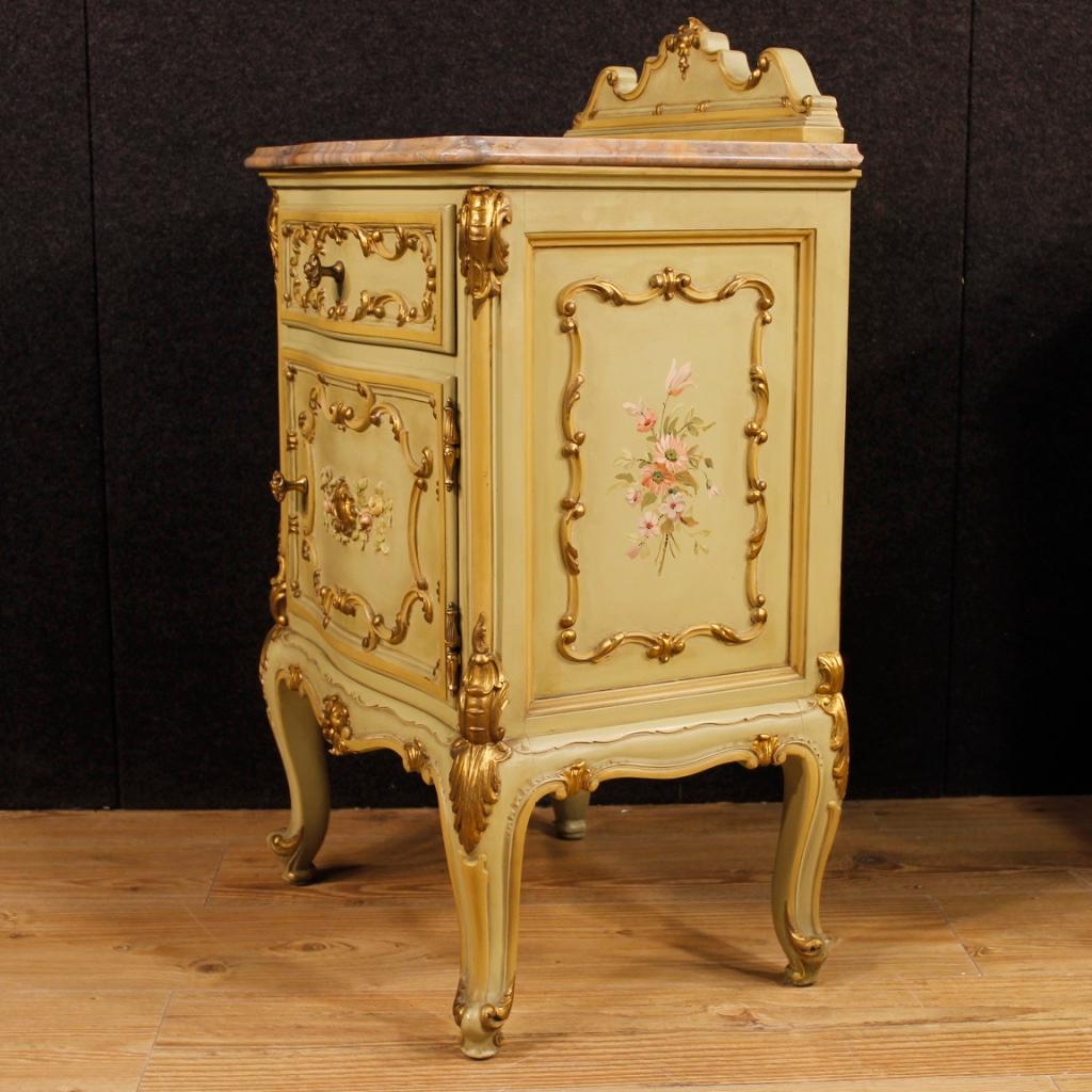 Marble Pair of Venetian Bedside Tables in Lacquered, Gilt, Painted Wood 20th Century