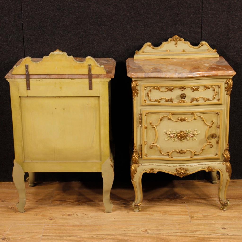 Pair of Venetian Bedside Tables in Lacquered, Gilt, Painted Wood 20th Century 1