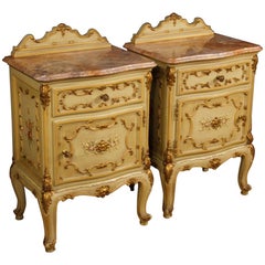 Pair of Venetian Bedside Tables in Lacquered, Gilt, Painted Wood 20th Century