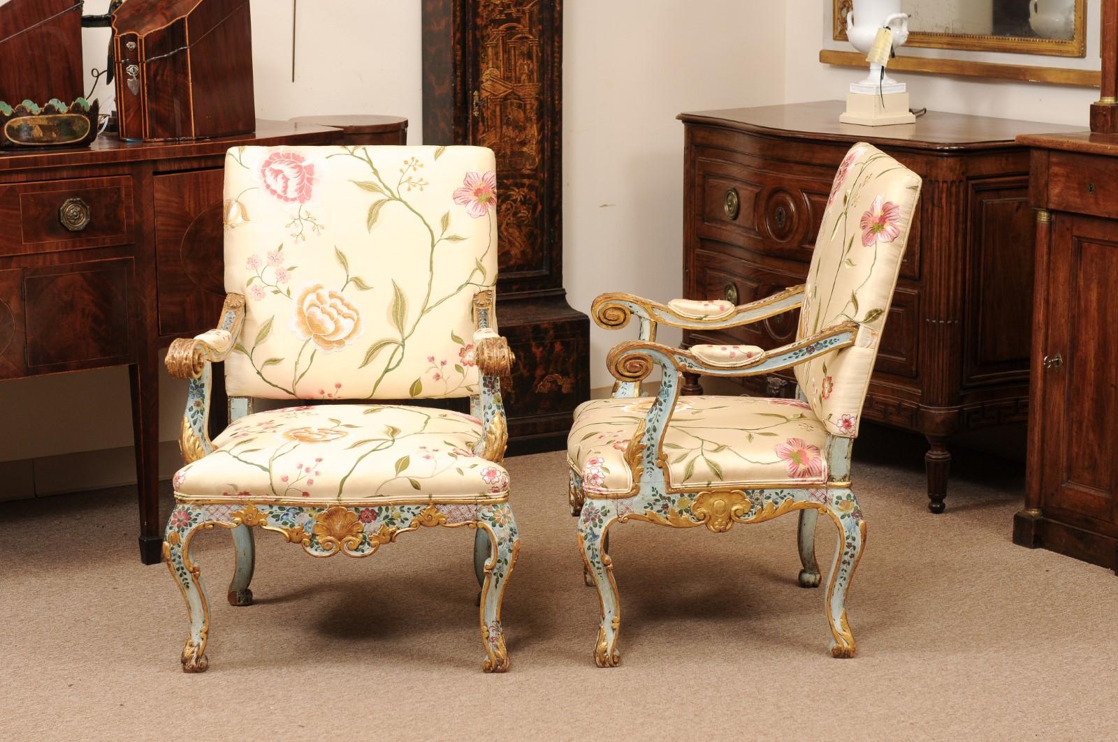 Pair of Venetian Blue Floral & Gilt Painted Armchairs Silk Upholstery For Sale 5