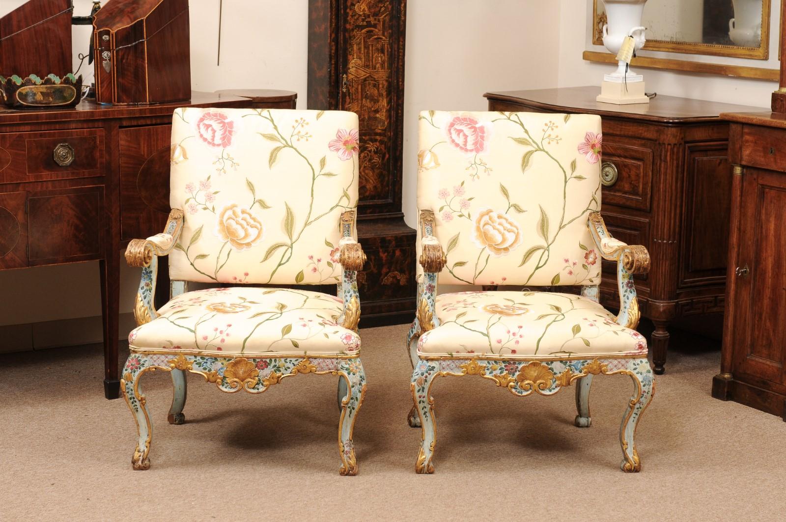 Pair of Venetian Blue Floral & Gilt Painted Armchairs Silk Upholstery For Sale 6