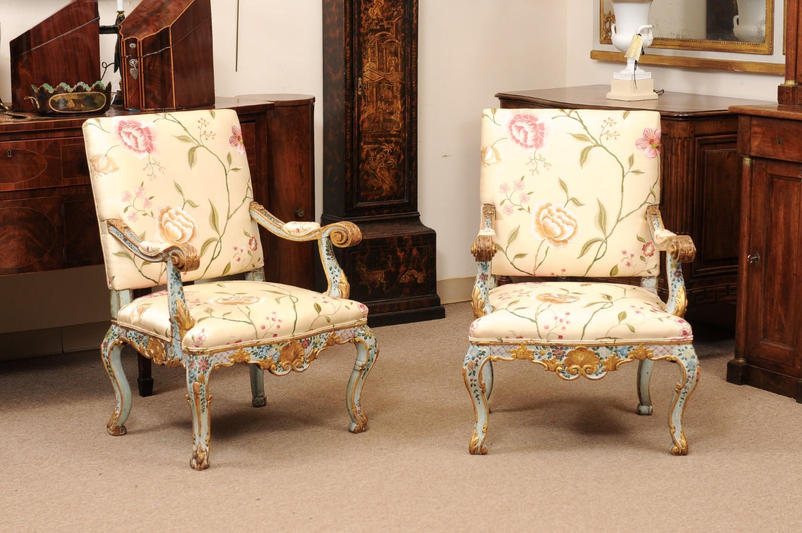 Pair of Venetian Blue Floral & Gilt Painted Armchairs Silk Upholstery, 19th Century